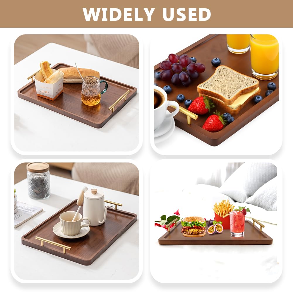 Wooden Serving Tray, 17x12In Wooden Food Drinks Tray with Metal Handles for Coffee Table, Breakfast, Dinner & Bar, Rustic Decorative Ottoman Tray for Kitchen, Parties