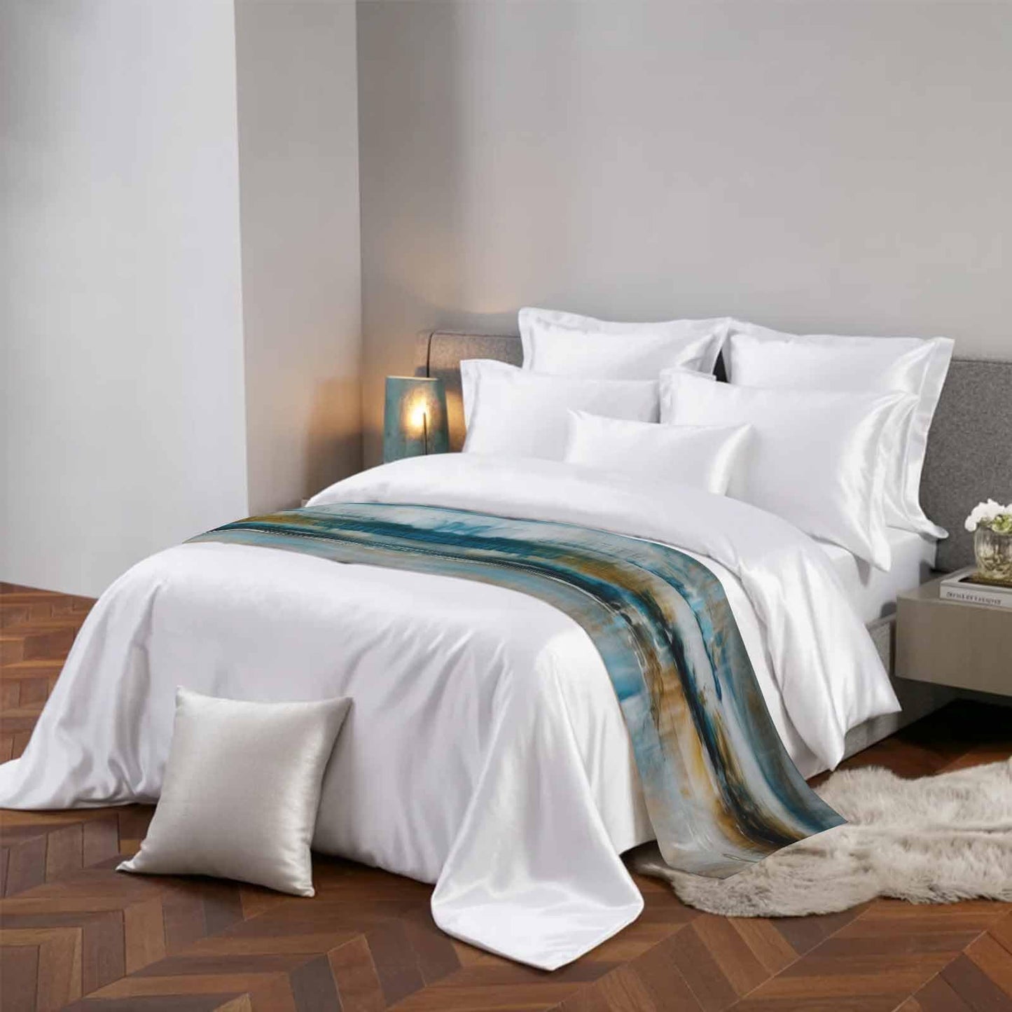 ZFUNCING Abstract Mottled Turquoise Green Gray Art Bed Runners for Bedroom Hotel,Decorative Bedding Scarf Retro Painting Bed End Blanket Bedding Runner Scarves for Queen Size Bed,94x20in