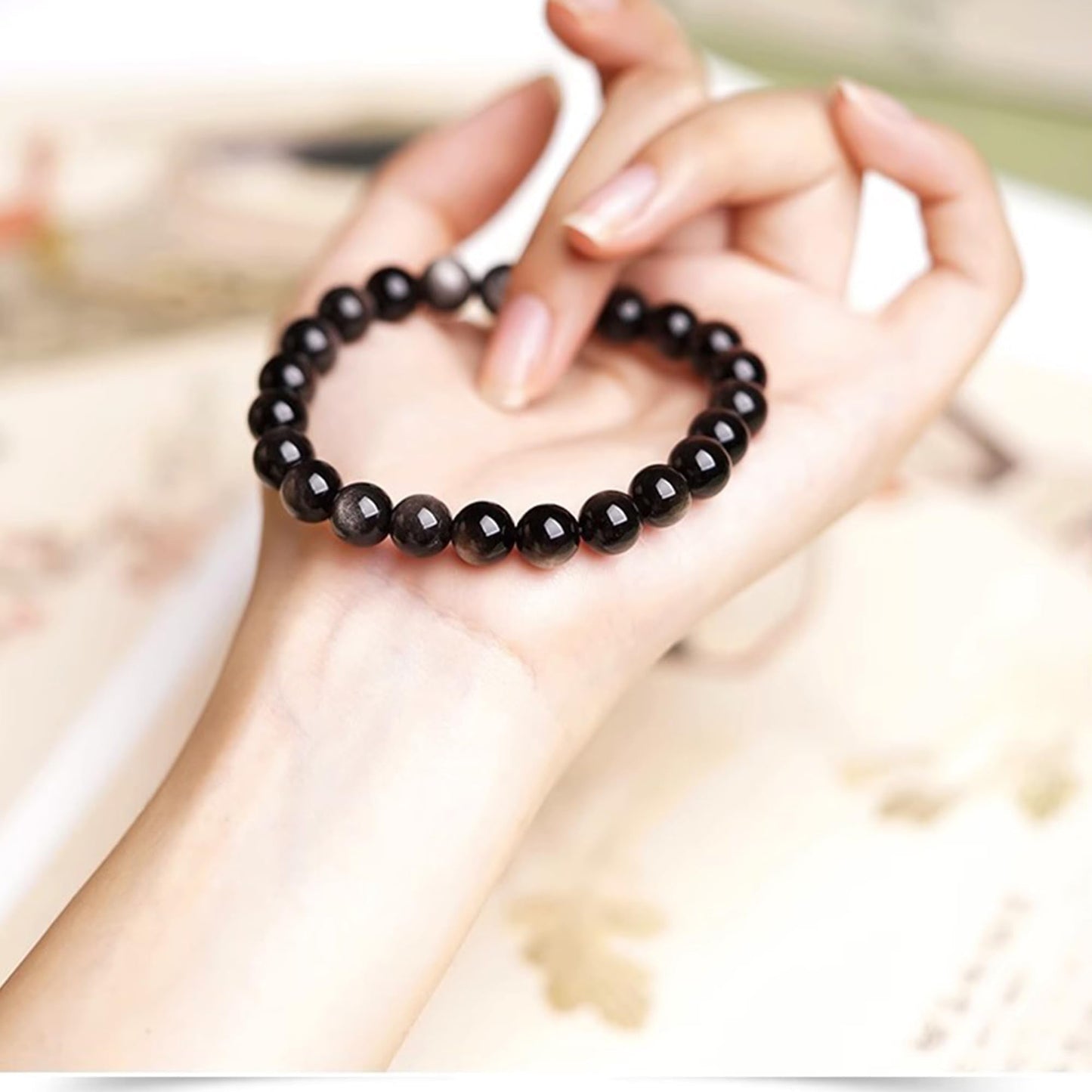 Cryhand Female 8mm Beaded Bracelets For Women Simulated Slivery Black Obsidian Bracelet for Men Handmade Lucky Money Stretchy Crystal Bracelets Best Gifts