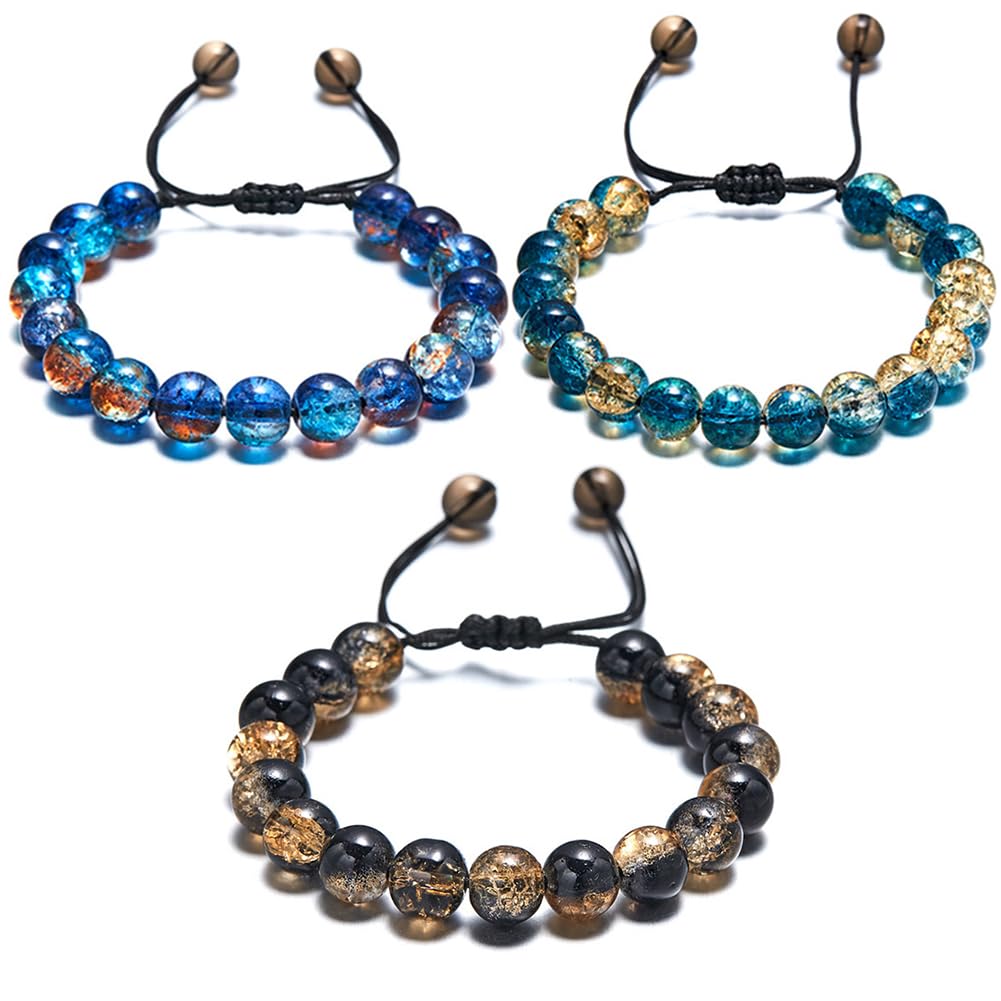 LANG XUAN Beaded Stretch Bracelets for Women Men Healing Crystal Stone Bracelet Bead Adjustable Unisex Gemstones Bracelets 10MM Weave Jewelry Gifts (3pcs Weave)