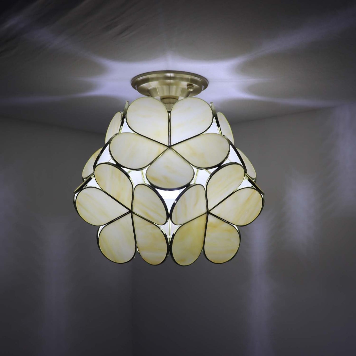 Bieye L11033 Flower Petals Tiffany Style Stained Glass Close to Ceiling Light for Home Decor (Cream White, 12" Cherry Blossom)