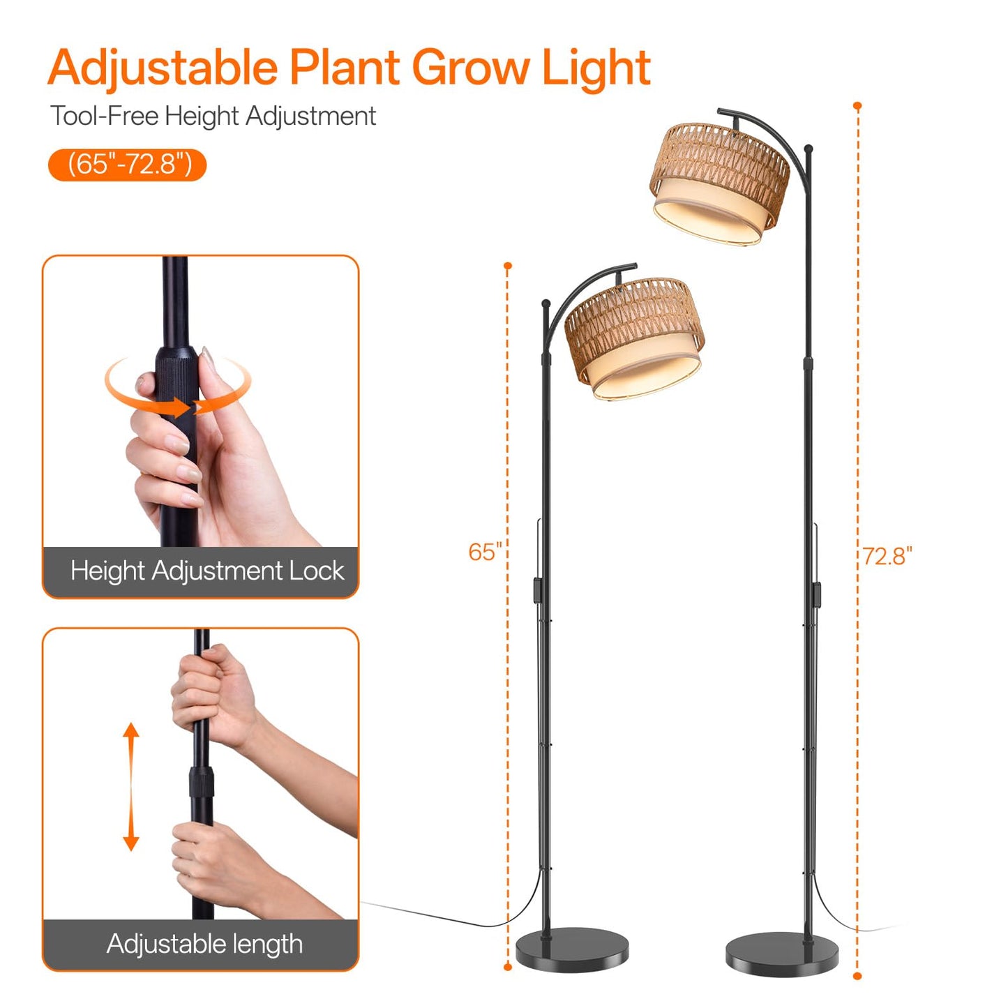 Bstrip 65-72.8 Inches Adjustable Grow Light for Indoor Plants, Boho Rattan & Fabric Shade Standing Grow Lamp, 25W 3000K Full Spectrum LED Plant Light with Auto On/Off Timer