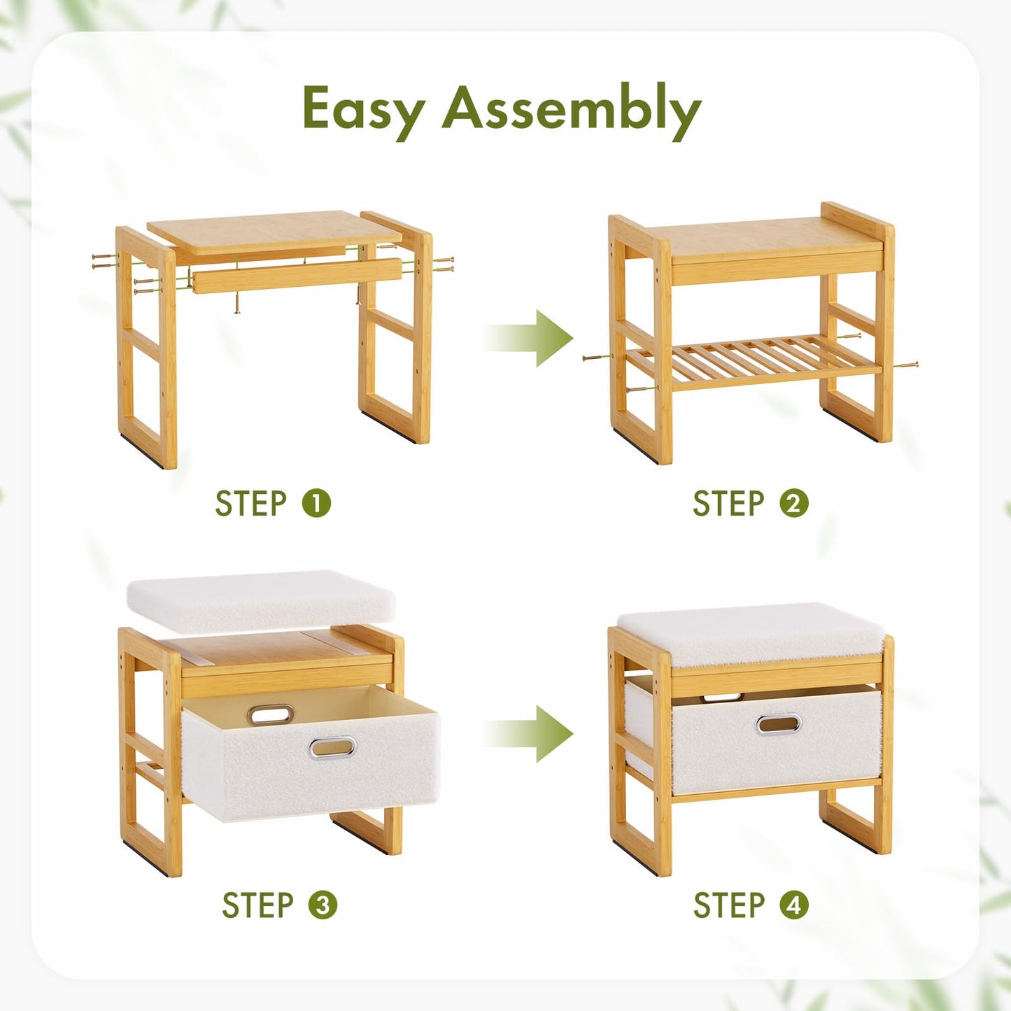 Atoping Storage Ottoman, Bamboo Footstool with Drawer, 3-in-1 Soft Ottoman with Storage, Multifunctional Footrest, Seat & Organizer for Living Room, Bedroom, Entryway Gift Set for Family