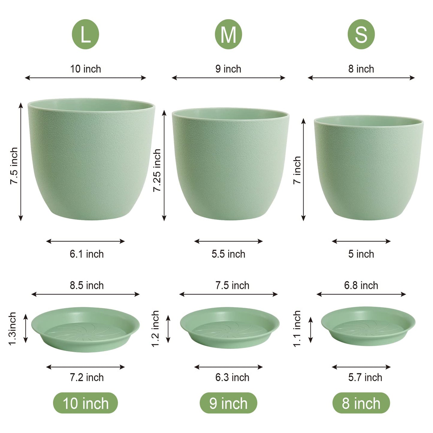 WSMKSZ Medium Plant Pots 10/9/8 inch, Flower Pots for Indoor Outdoor Plants, Set of 3 Modern Decorative Plastic Planters with Drainage Holes and Saucers for House Porch Garden Plants, Green