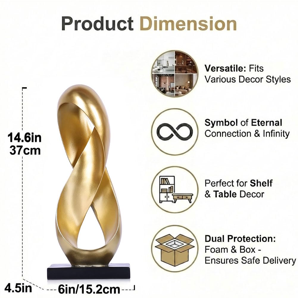 QIANLING 14.6" Tall Abstract Gold Knot Sculpture, Modern Resin Infinity Loop Statue, Modern Tabletop Decor for Coffee Table, Bookshelf, Mantel, Entryway, Living Room Office Accent Centerpiece