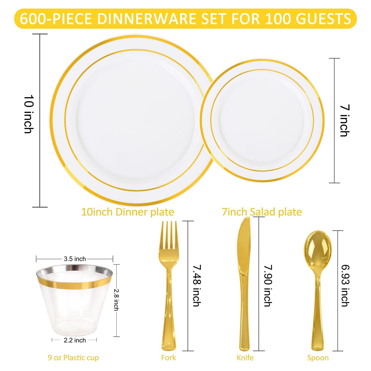WELLIFE 600 PCS Gold & White Disposable Dinnerware Set for 100 Guests — White Plastic Plates with Gold Rim, Dinner & Salad Plates, Cups, Forks, Knives & Spoons for Weddings & Elegant Events