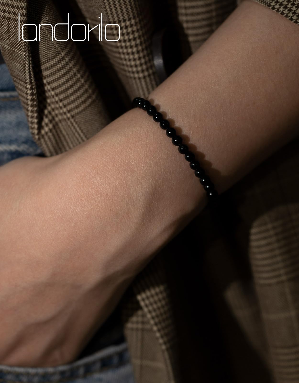 Landorilo Beaded Bracelet for Men Women, 4mm Natural Stone Black Tourmaline Healing Crystal Stretch Bracelets, Ideal Christmas Birthday Jewelry Gifts with Energy Card，Replacement Beads Included