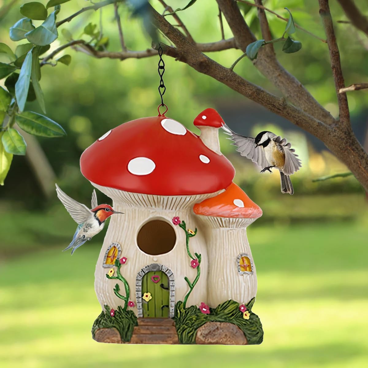 Bluebird Houses for Outside, Bird Houses for Outside, Mushroom Cute Resin Birdhouses for Outdoors, Weatherproof Courtyard Decorated Hanging Bird House, Nesting Bird House, Gift for Bird Lovers (Red)