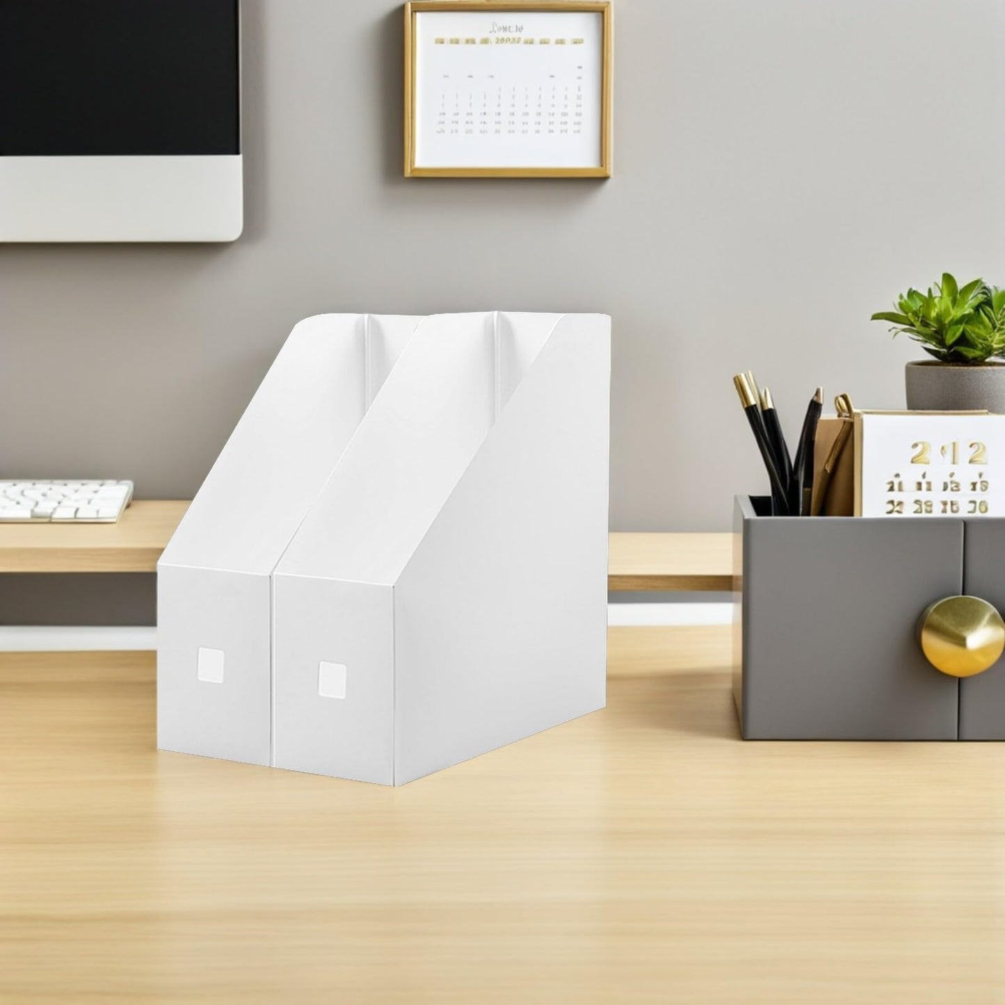 NOLITOY 2pcs Magazine File Holder, Book Bins, Modern White Rack, Plastic Folder Organizer for Desk, File Storage Rack Stand up for Office Catalog Reference