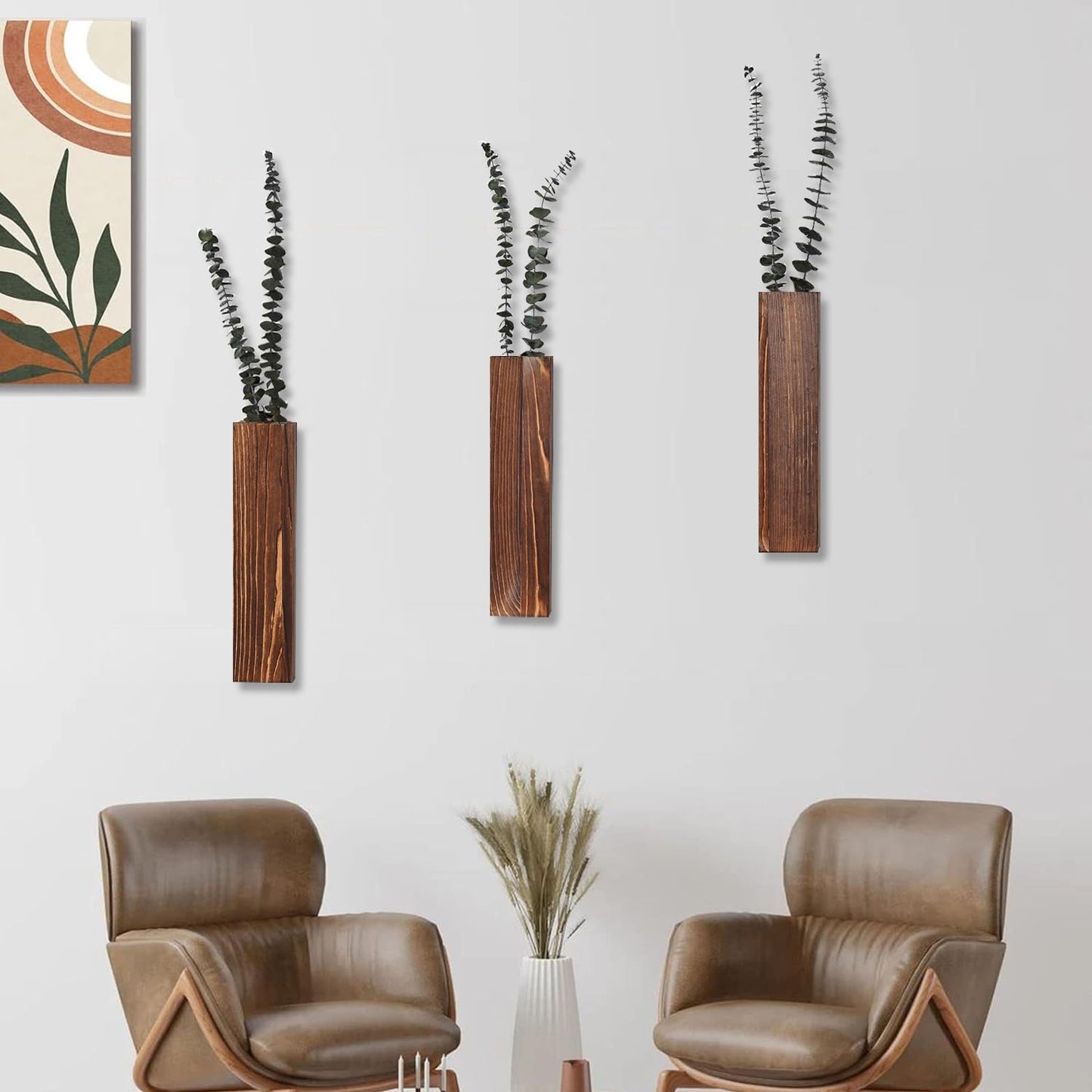 Sawoake Wooden Wall Planter Set of 3 - Modern Home Decor for Living Room, Bedroom, Bathroom - Walnut Finish Planter for Dried Flowers, Faux Greenery, Indoor Plants