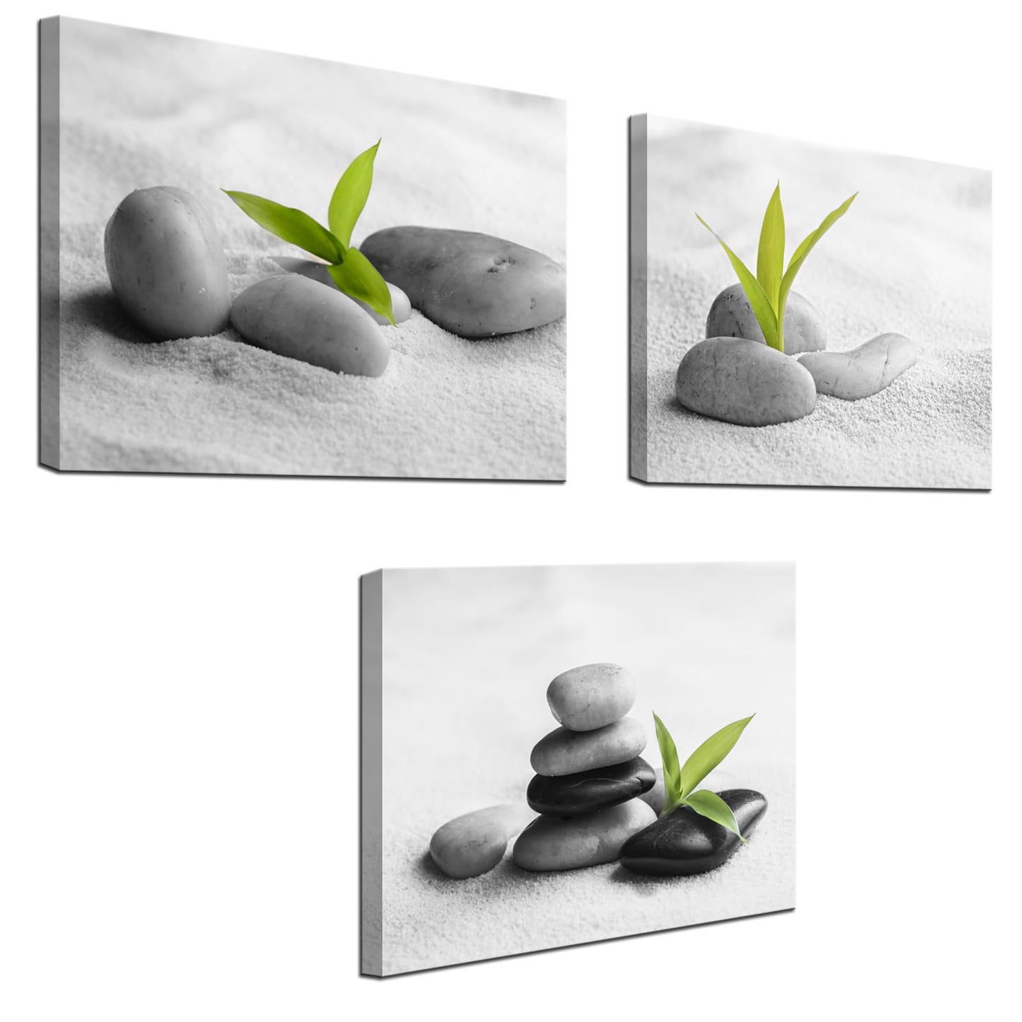 Biuteawal 3 Piece Zen Canvas Wall Art for Bathroom Decor Zen Stone with Green Plant Picture Print Peaceful Still Life Artwork Painting Modern Home Bedroom Meditation Room Spa Room Decoration