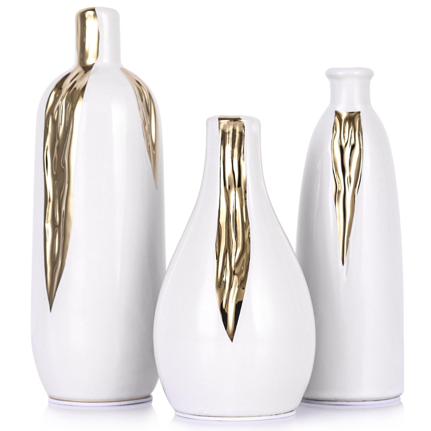 White and Gold Mini Ceramic Vase Set of 3, Small Ceramic Vase Set for Decorative, Bud Vases for Centerpieces Nightstand Kitchen, Boho Farmhouse Home Coffee Table Tray Decor