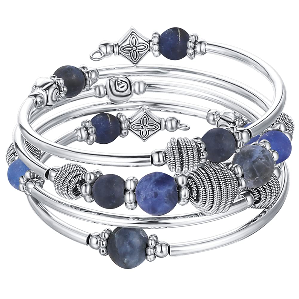 PEARL&CLUB Beaded Chakra Bangle Turquoise Bracelet - Fashion Jewelry Wrap Bracelet with Thick Silver Metal and Mala Beads, Birthday Gifts For Women(Navy Blue)