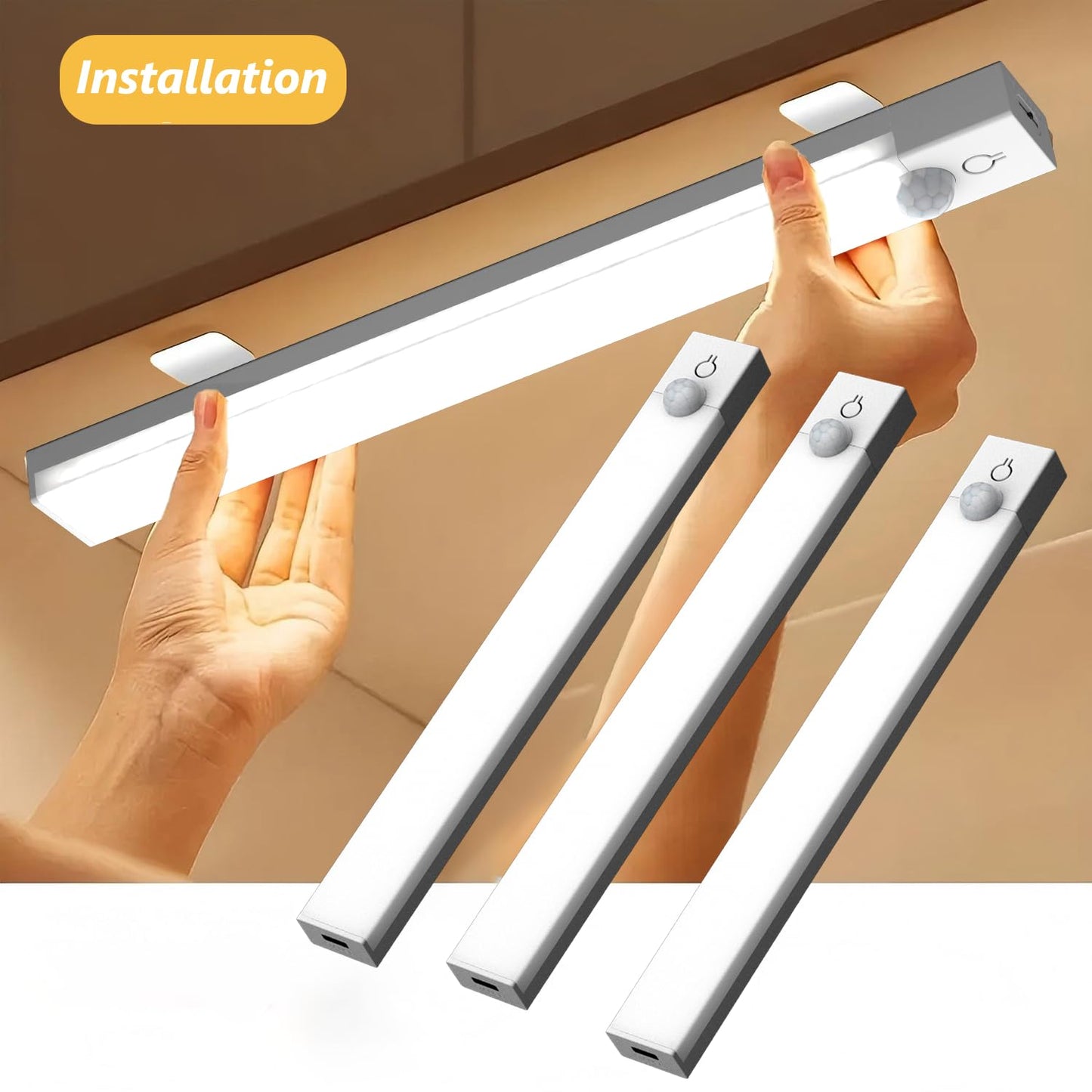 Rihvy Under Cabinet Lights 8 Inch 3-Pack, Rechargeable Battery Operated Motion Sensor Light Indoor, Dimmable Closet Lights, Wireless Under Counter Lights for Kitchen, Stairs