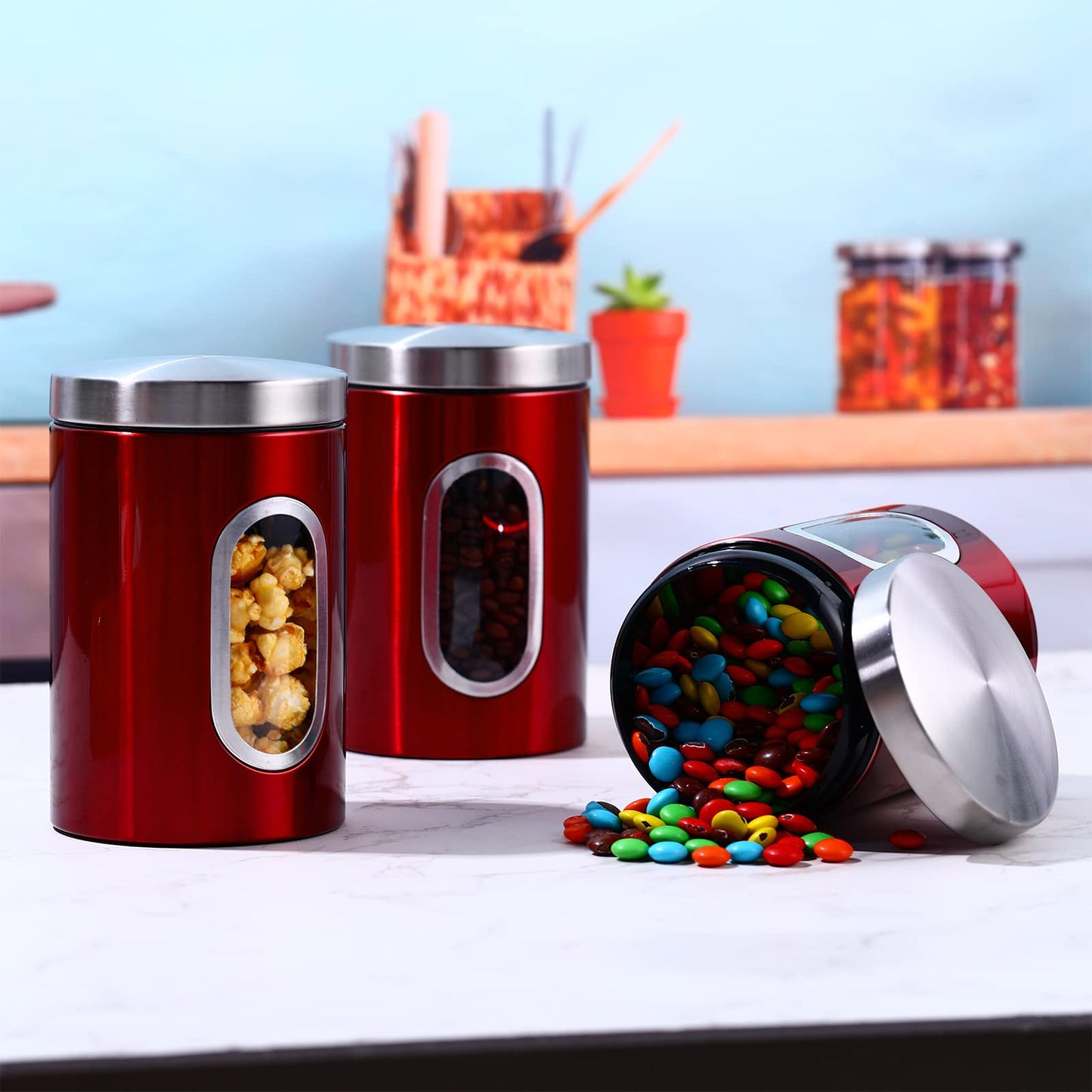 Zopeal 6 Pack Red Canisters Sets For Kitchen 50oz Stainless Steel Red Kitchen Canisters with Transparent Windows Flour Sugar Container Metal Jar Countertop Set for Coffee Tea Decorative