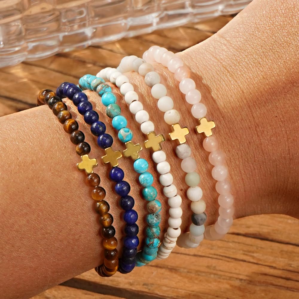 SHINUS BOHO Dainty Cross Healing Crystal Beaded Stretch Bracelet for Women,Handmade Bohemian Powful Turquoise Stones Claming Bracelet Trendy Birthday Christian Catholic Jewelry Gift Sister Friendship