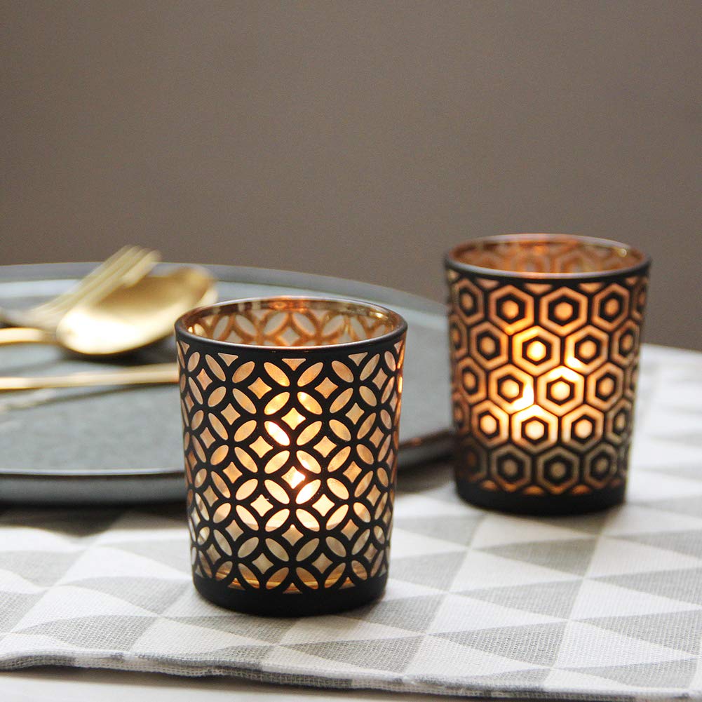 SHMILMH Black Gold Glass Votive Candle Holders Set of 12, Tealight Candle Holder with 4 Patterns for Ramadan Decorations, Eid Mubarak, Wedding Centerpiece, Modern Home Table Decor, Gift Set