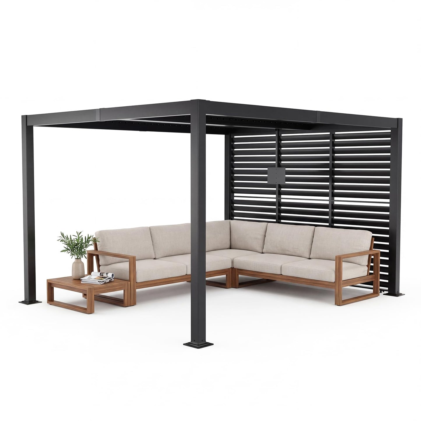 SUNBURY 10x12ft Outdoor Pergola with Curtains & Mosquito Netting, Aluminum Gazebo with TV Stand Base, Modern Patio Shade Structure for Backyard, Deck, Garden, Black