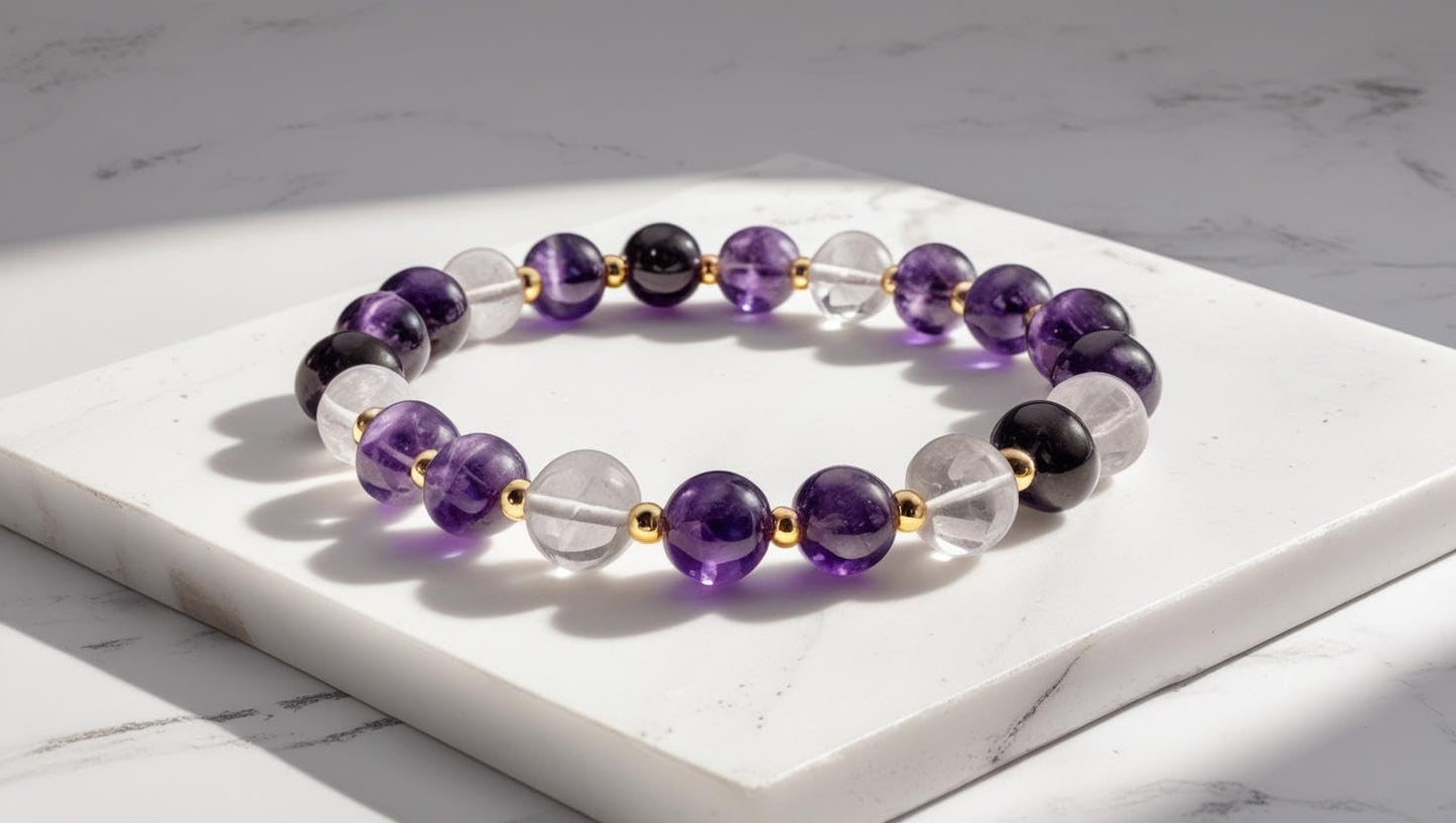 BHAVYAASHI Amethyst & Clear Quartz Bracelet for Women & Men – Natural Healing Crystal Bead Stretch Bracelet, Energy Stone for Protection, Chakra Balance, Meditation, Manifestation & Spiritual Gift