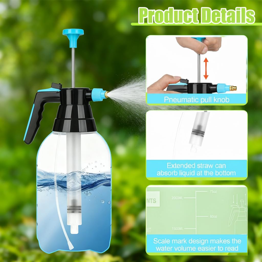 3 Pcs 1/2 Gallon Pump Sprayer Plastic, Handheld Pressure Sprayer, Garden Pump Sprayer Bottle with Adjustable Nozzle for Plants, Cleaning, Household Tasks, (Blue)