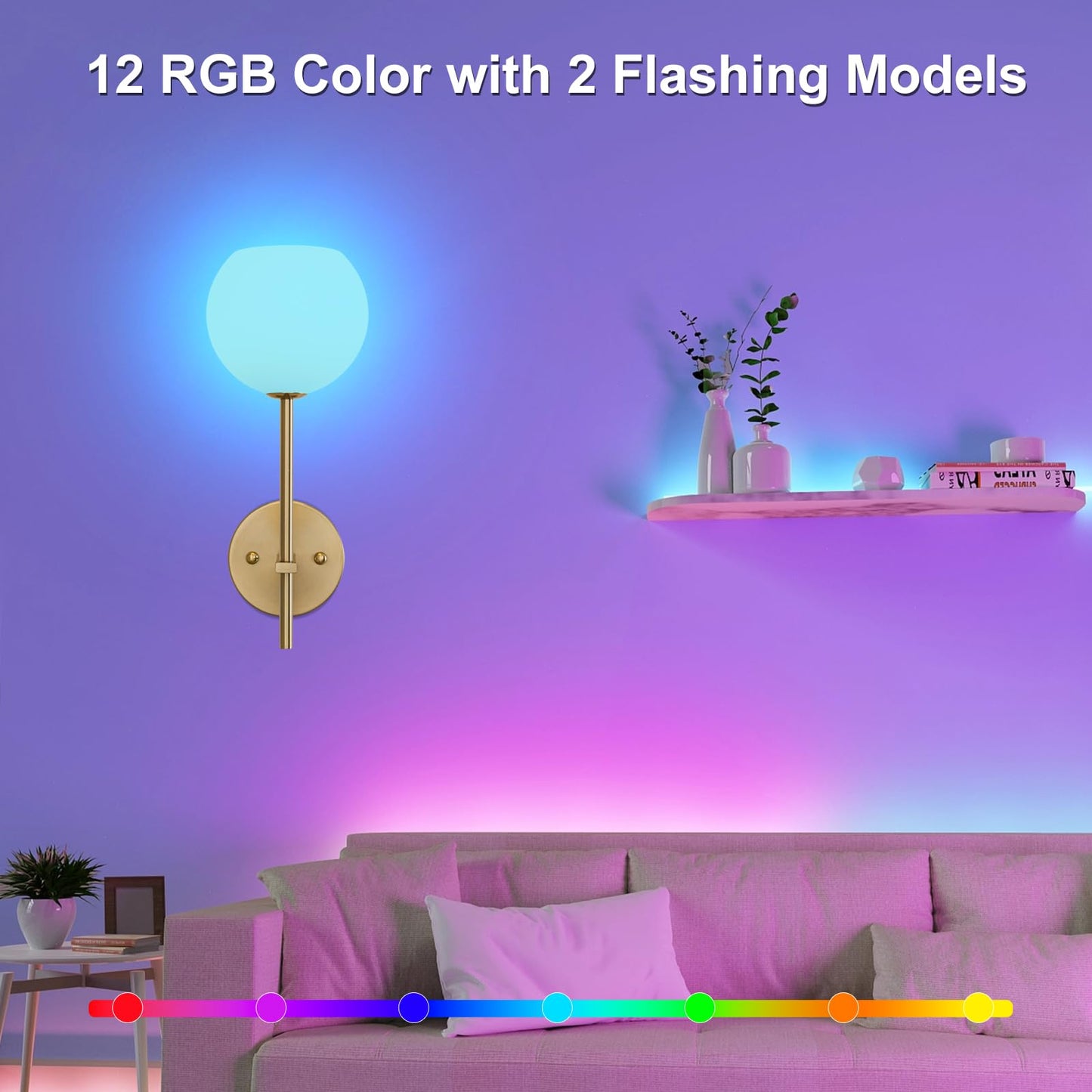 Gold Battery Operated Wall Sconces Set of 2, Rechargeable Wireless Wall Lights with Milky White Frosted Glass Shade, 12 RGB and 3CCT Dimmable, Wall Lamps with Remote for Bedroom Living Room Hallway