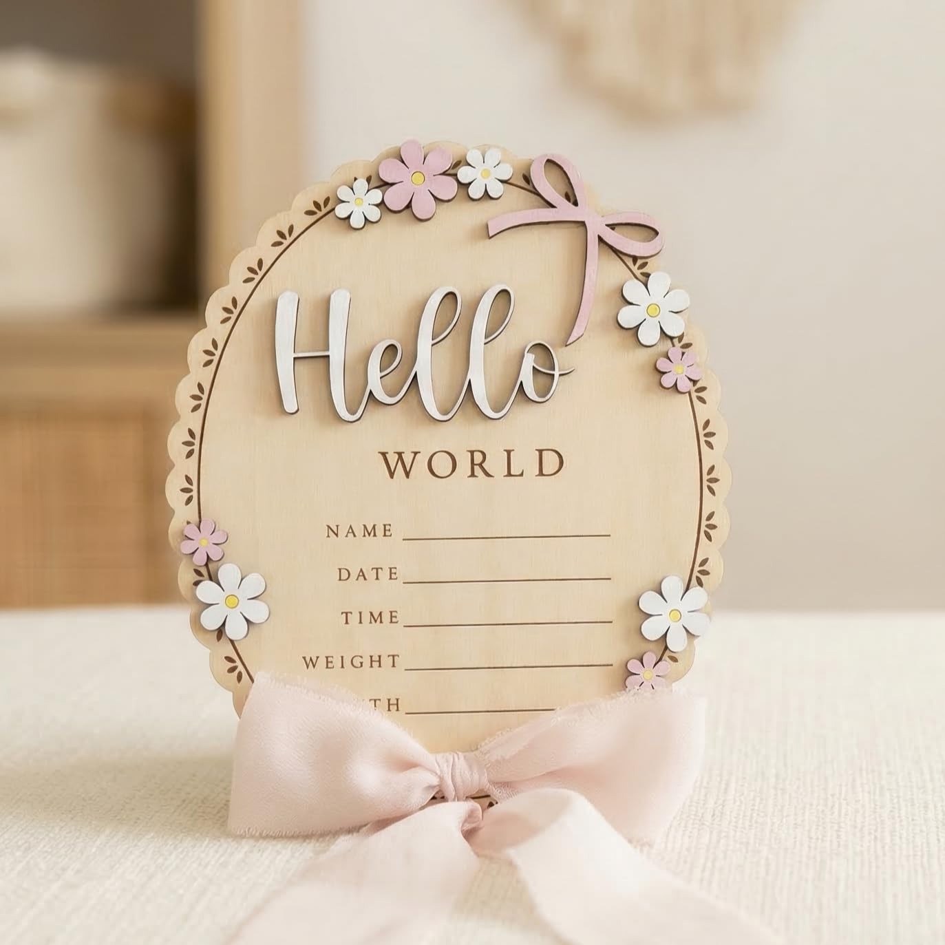 TTMerriwood Baby Announcement Sign with Stand & Marker – Hello World Wooden Name Plaque for Newborn Photoshoot, Baby Shower, Rustic Keepsake Birth Stat Sign for Hospital Birth Announcement (Light pink ribbon)