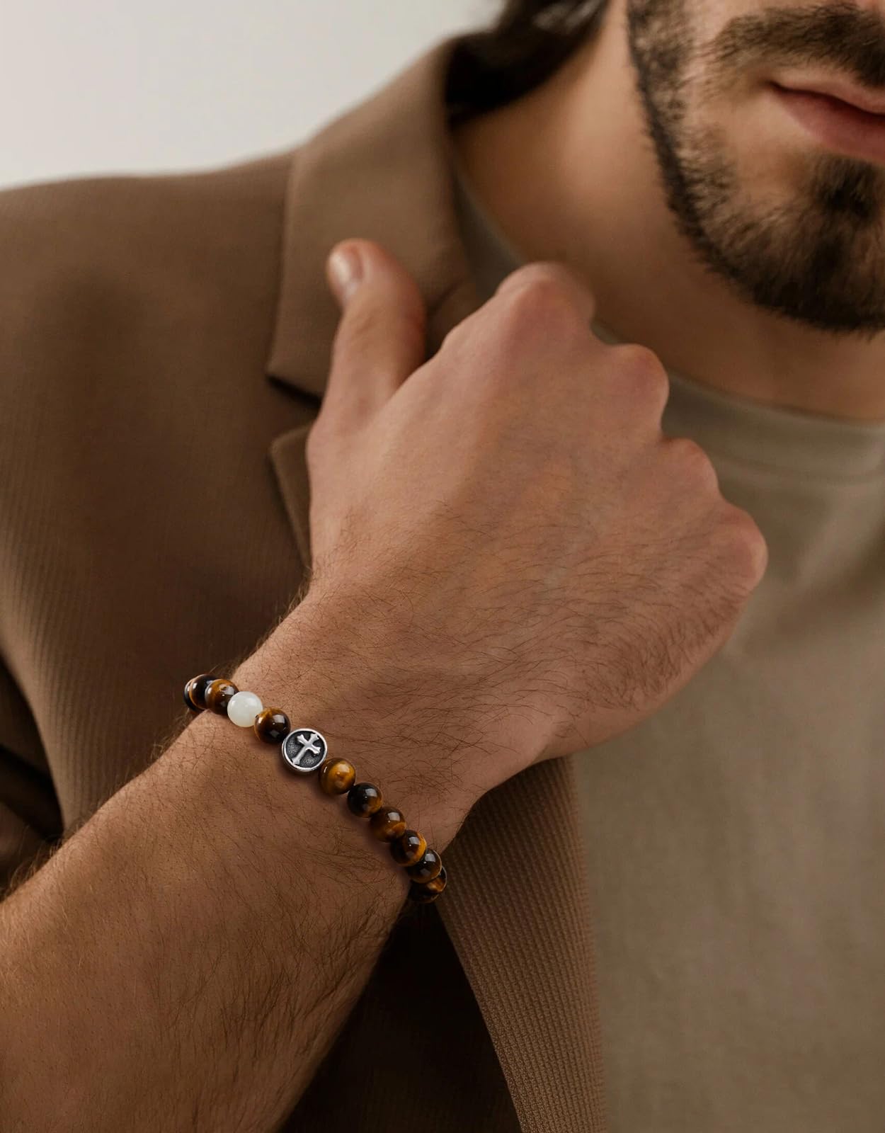 Landorilo Gifts for Men, 8mm Cross Natural Stone Beaded Bracelets, Yellow Tiger Eye Healing Bracelet, Handmade Mens Jewelry Gift for Him, Husband, Son, Father, Friend(Happy Birthday-7.5in)