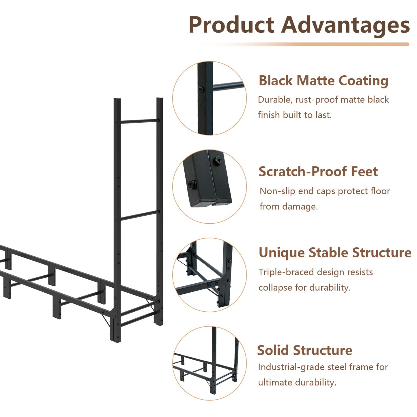 C-Hopetree 8Ft Outdoor Indoor Firewood Rack, Adjustable Metal Log Holder for Fireplace, Heavy Duty Wood Pile Storage Organizer Stacker Stand, Black