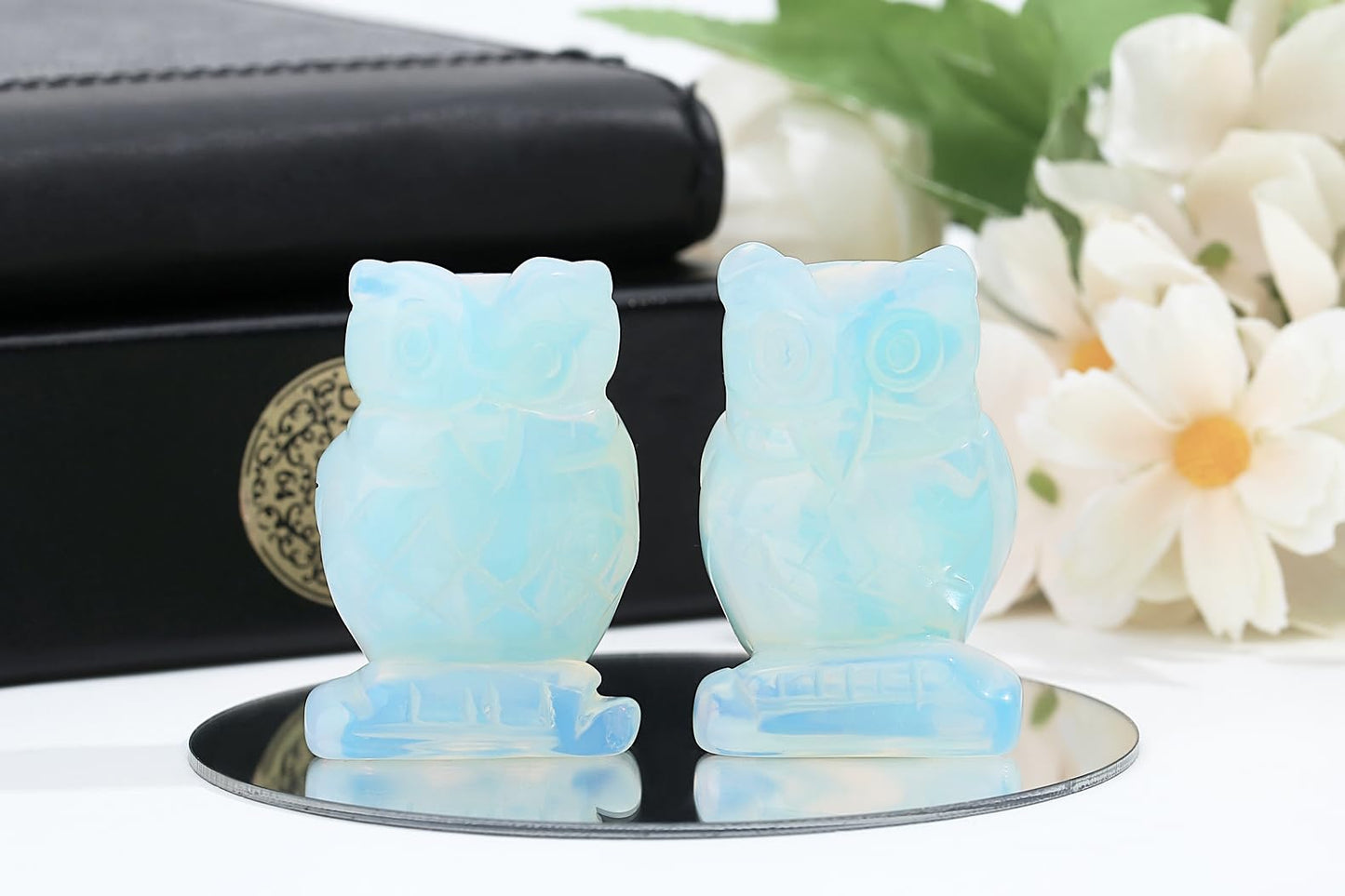 YATOJUZI 2” Owl Decors Natural Opal Crystals Stones Moonstone Cute Decor Polished Hand-Carved Sculpture Statue Figurines Gemstone Home Office Desk Decoration Reiki Energy Gifts
