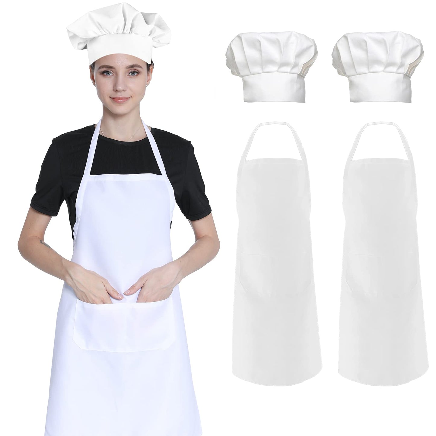 Hi loyaya 2 Pack White Apron and Chef hat, Cooking Kitchen Bib Aprons for Women Men Chef with Pockets for BBQ Grilling Baking (2, White)