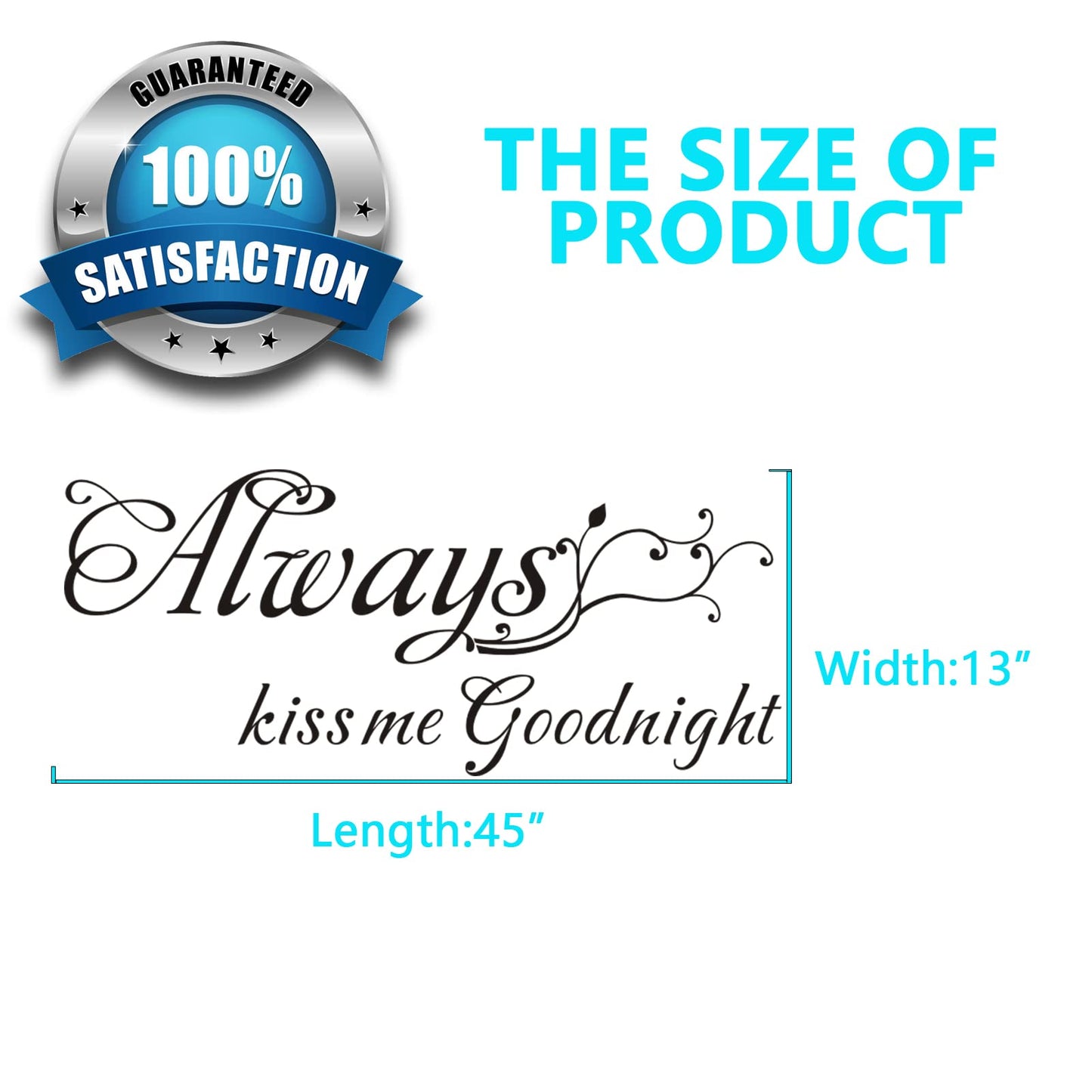 AnFigure Always Kiss Me Goodnight Wall Decal, Bedroom Wall Stickers, Women Family Quotes Couples Love Romantic Marriage Bed Inspirational Bathroom Sayings Words Vinyl Art Home Decor Stickers 45"X13"