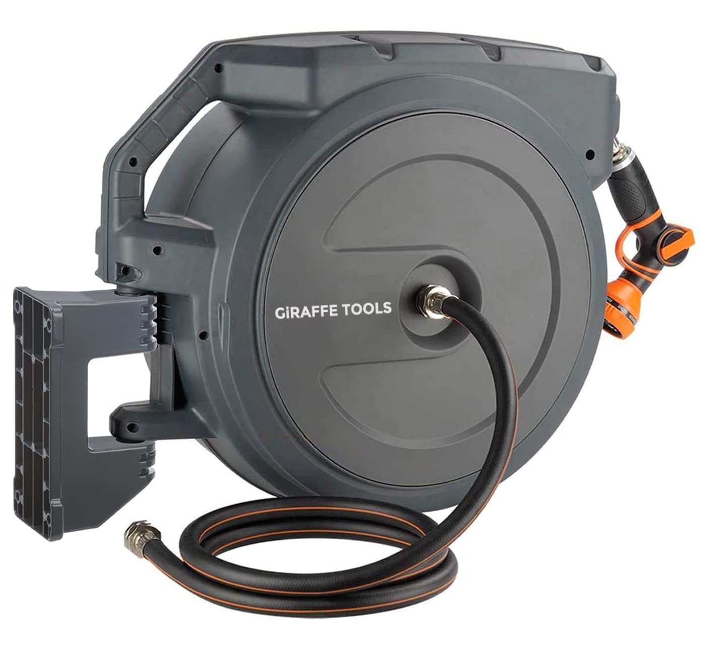 Giraffe Tools Retractable Garden Hose Reel, 5/8" x 90 ft Pro Wall Mounted Hose Reels with 180° Metal Bracket, Any Length Lock Hose Reel with 9- Function Sprayer Nozzle