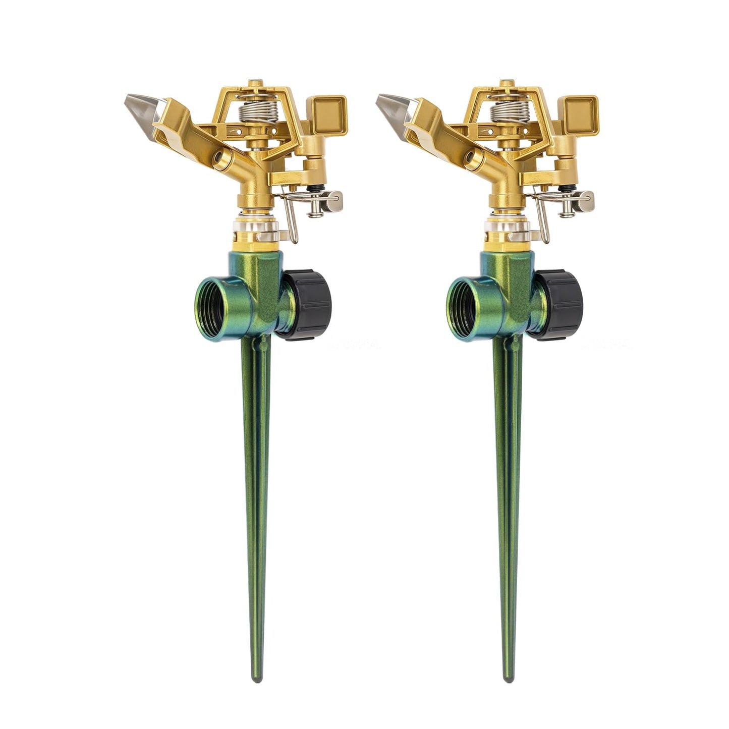 RESTMO 2 Pack Heavy Duty All-Metal Impact Sprinkler, Zinc Alloy Lawn Sprinkler Head on Sturdy Spike Base, 360° Adjustable Coverage Nozzle for Large Area Irrigation
