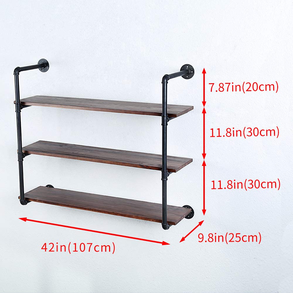 Industrial Pipe Shelving Wall Mounted,42in Rustic Metal Floating Shelves,Steampunk Real Wood Book Shelves,Wall Shelf Unit Bookshelf Hanging Wall Shelves,Farmhouse Kitchen Bar Shelving(3 Tier)