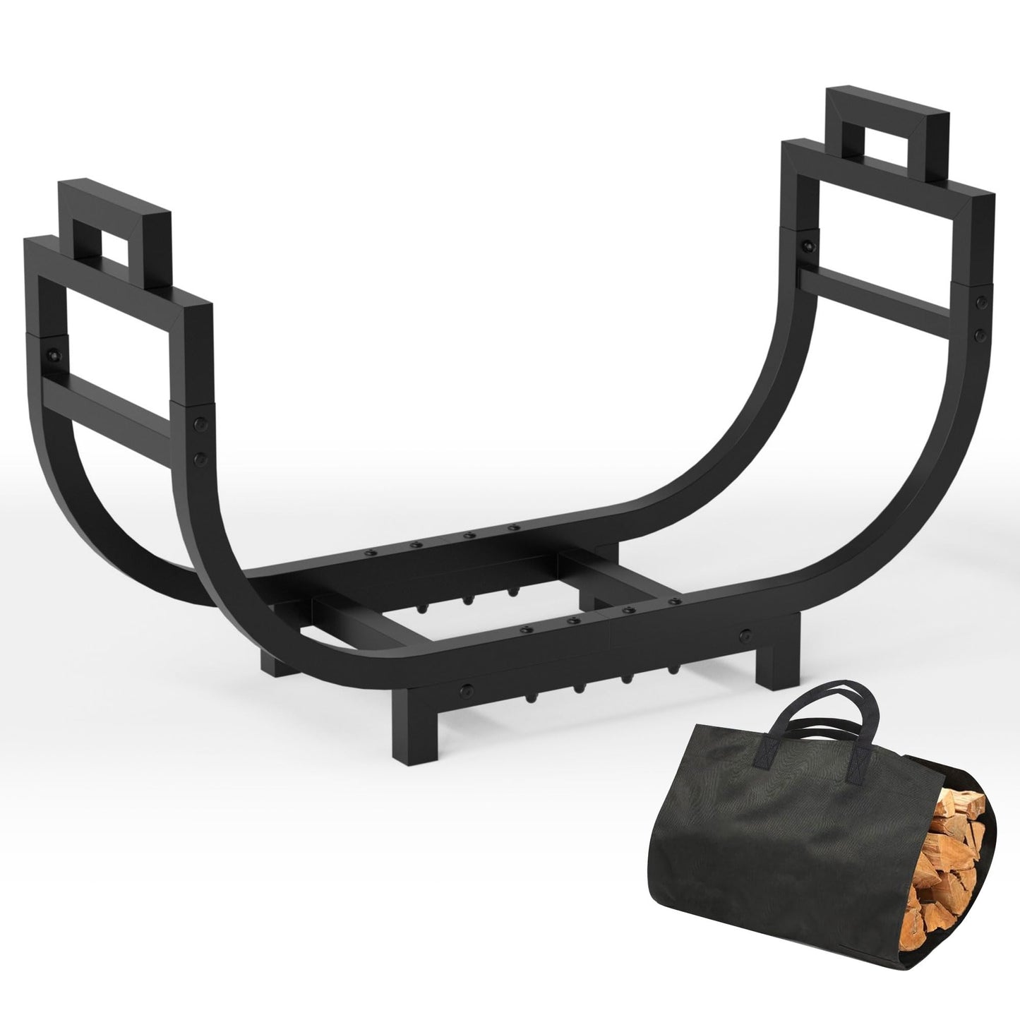 GAVISCITY 30 Inch Firewood Rack Outdoor Indoor with Handle and Log Carrier Bag, Stable Metal Wood Rack Heavy Duty Log Holder for Fireplace Patio Deck, Rustproof Firewood Storage Organizer Tool, Black