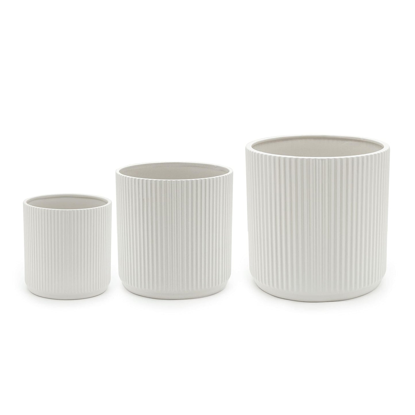 Amazon Basics Assorted Sizes Fluted Ceramic Round Indoor Outdoor Planters with Drainage Hole, Set of 3, Modern Design, 6 inch, 8 inch, 10 inch, White, Succulent Flower Pots