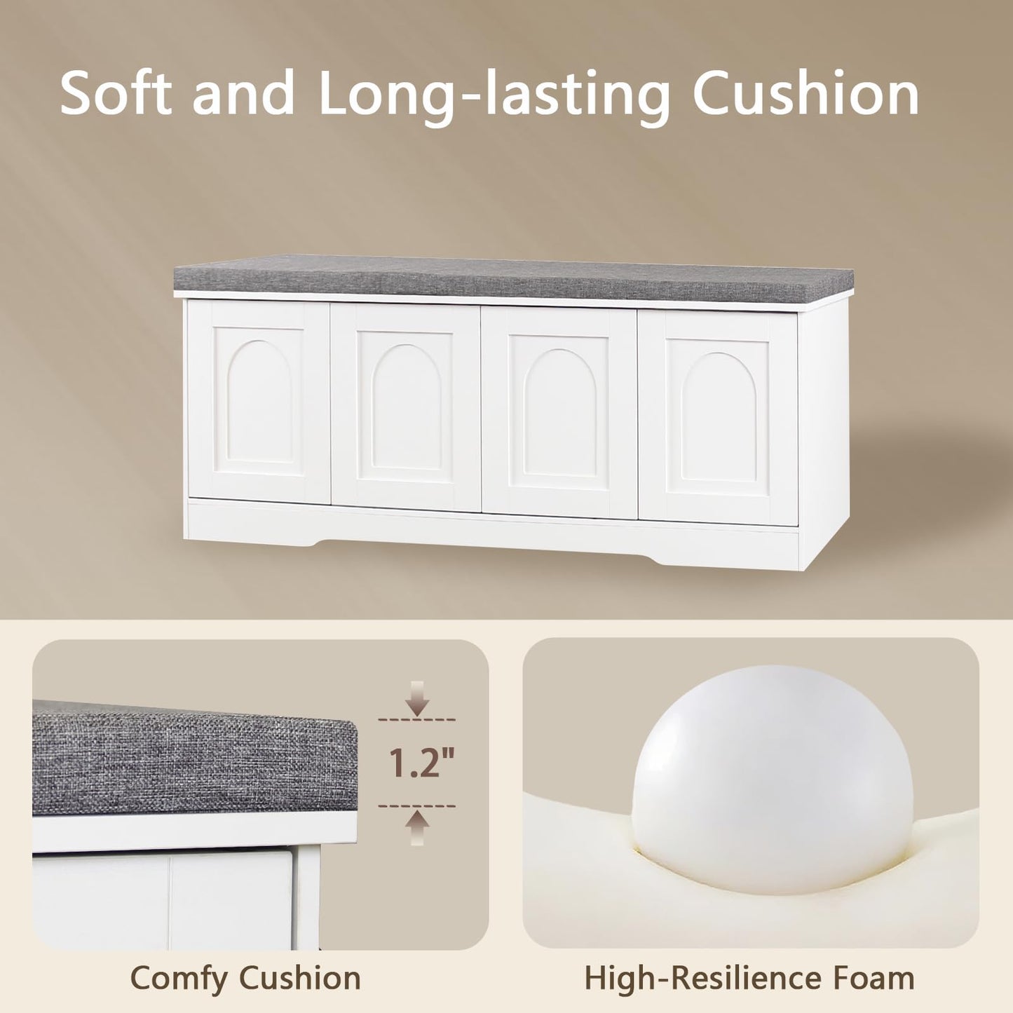 DINZI LVJ Shoe Bench, Entryway Storage Bench with Doors, Cushion, 2-Tier Shoe Rack with 8-Cubby, 47.2”L x 13.8”W Shoe Organizer Cabinet, Adjustable Shelf, Living Room, Bedroom, White