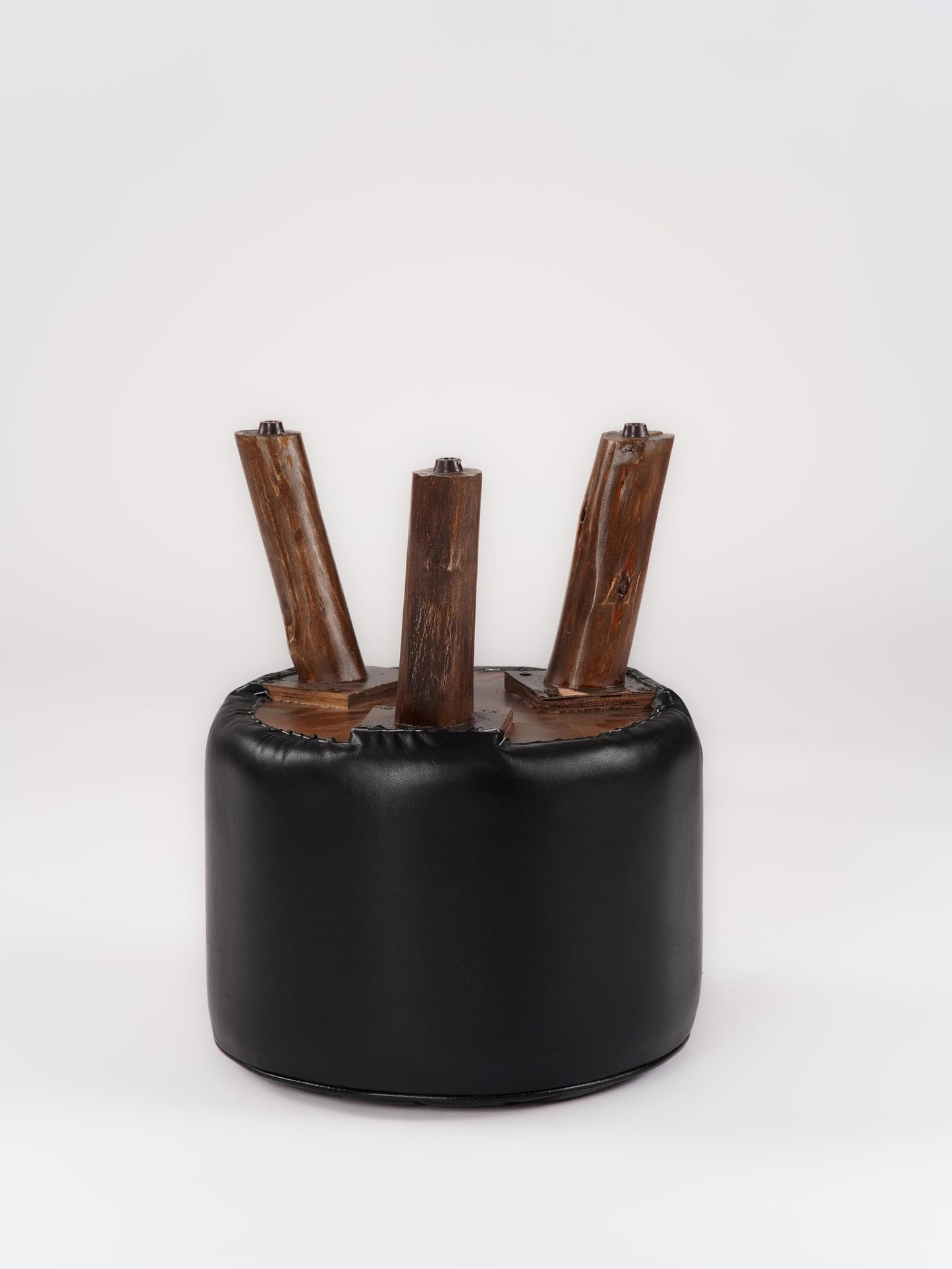 Handmade Eco-Friendly Geometric Buffalo Leather & Wood Black Round Ottomon Stool 18"X14"x14" from BBH Homes