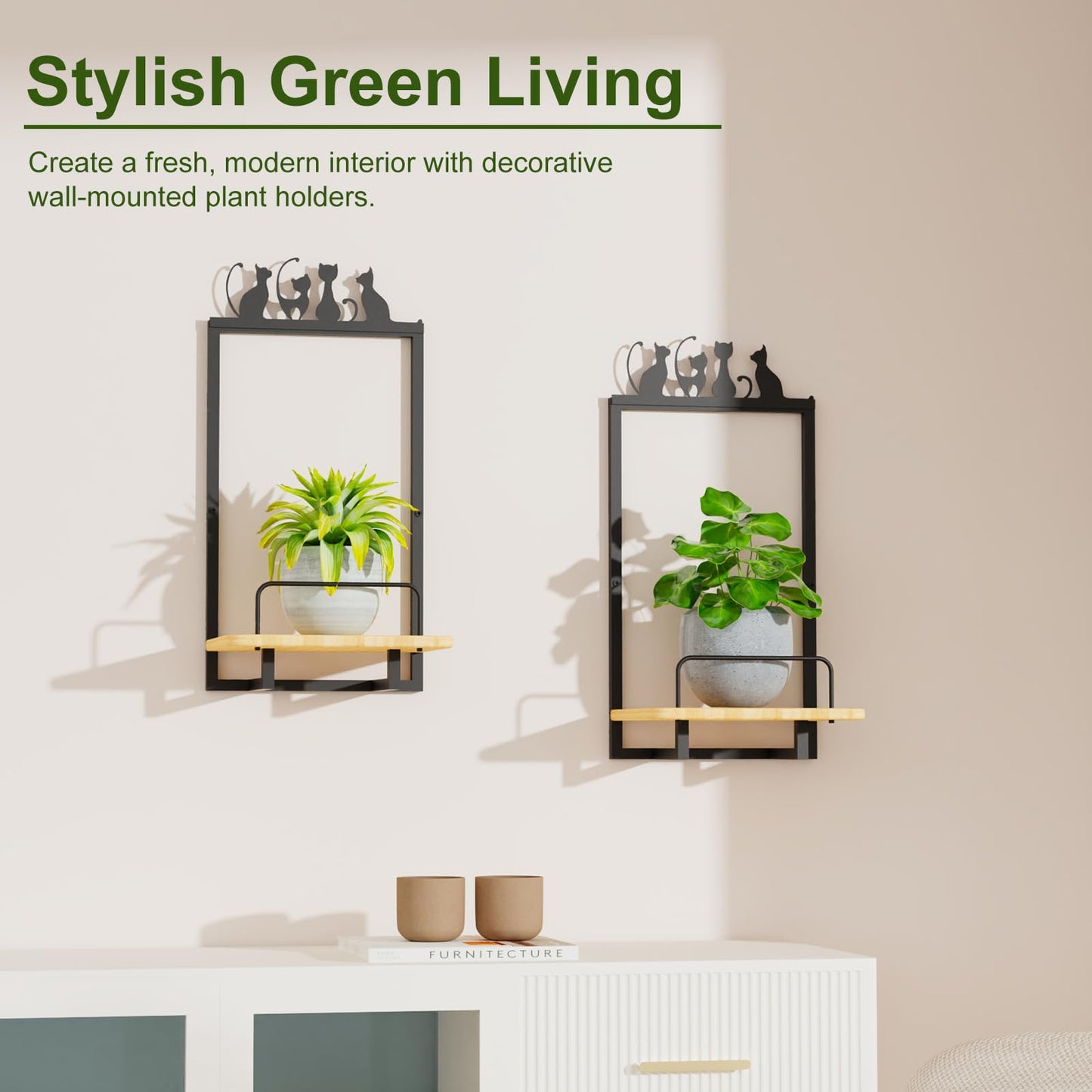 Shineled Wall Planter for Indoor Plants 2 Pack, Wall Mounted Plant Holder for Small Plants, Floating Wall Shelf for Plants, Real Oak Wood, Magnetic Animal Decor, Home Wall Decor (Cat)