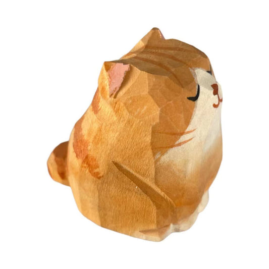 ALHBEJT Wooden Cat Figurines Sculpture Statue Lovely Small Carved Orange Cat Statue Handmade Wood Kitten Art Carving Work for Home Office Decoration (Little Orange Cat)