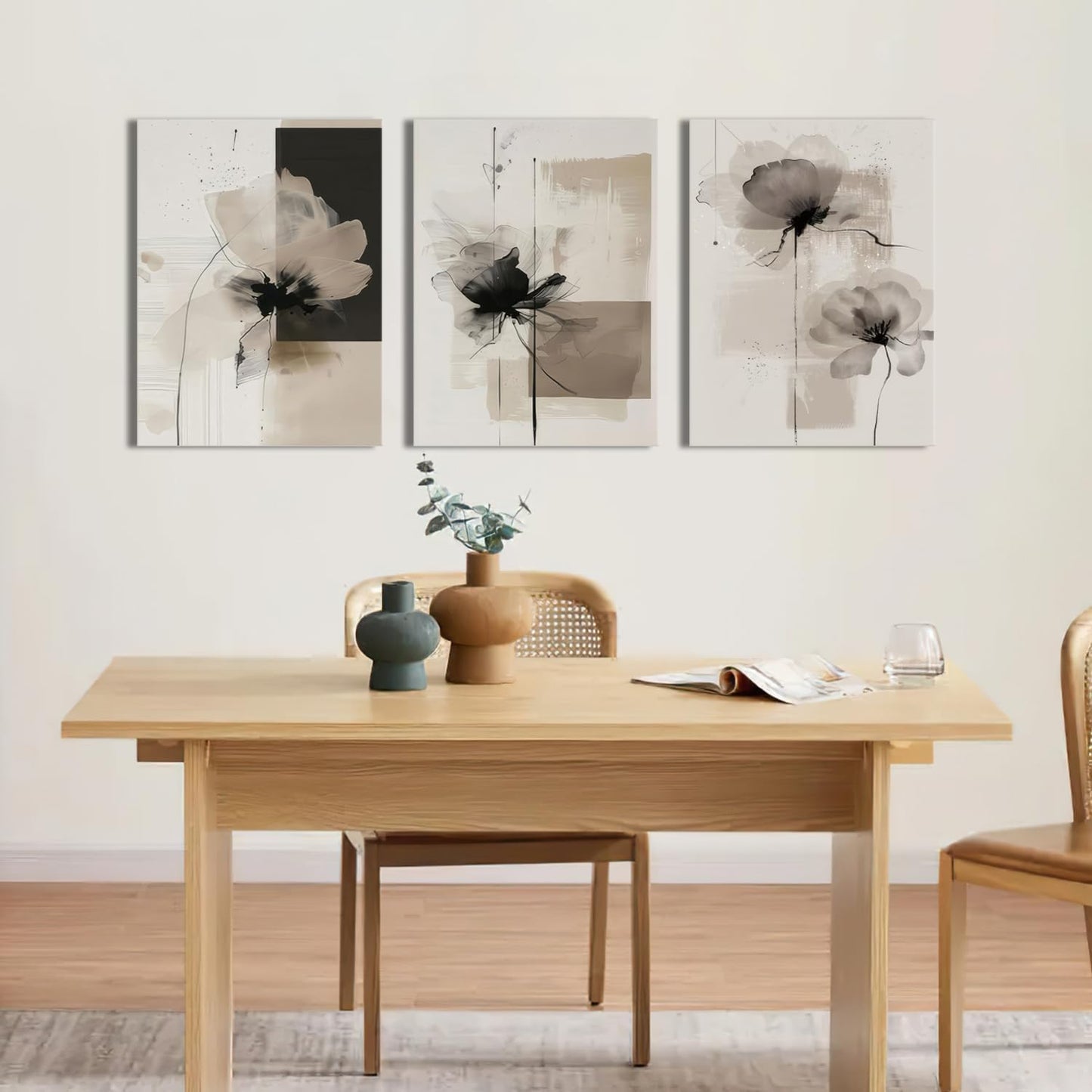 Neutral Abstract Floral Canvas Wall Art Modern Large Minimalist Wall Decor Contemporary Beige Black Flower Posters Prints Picture for Living Room Bedroom Bathroom Office 12x16 In Framed