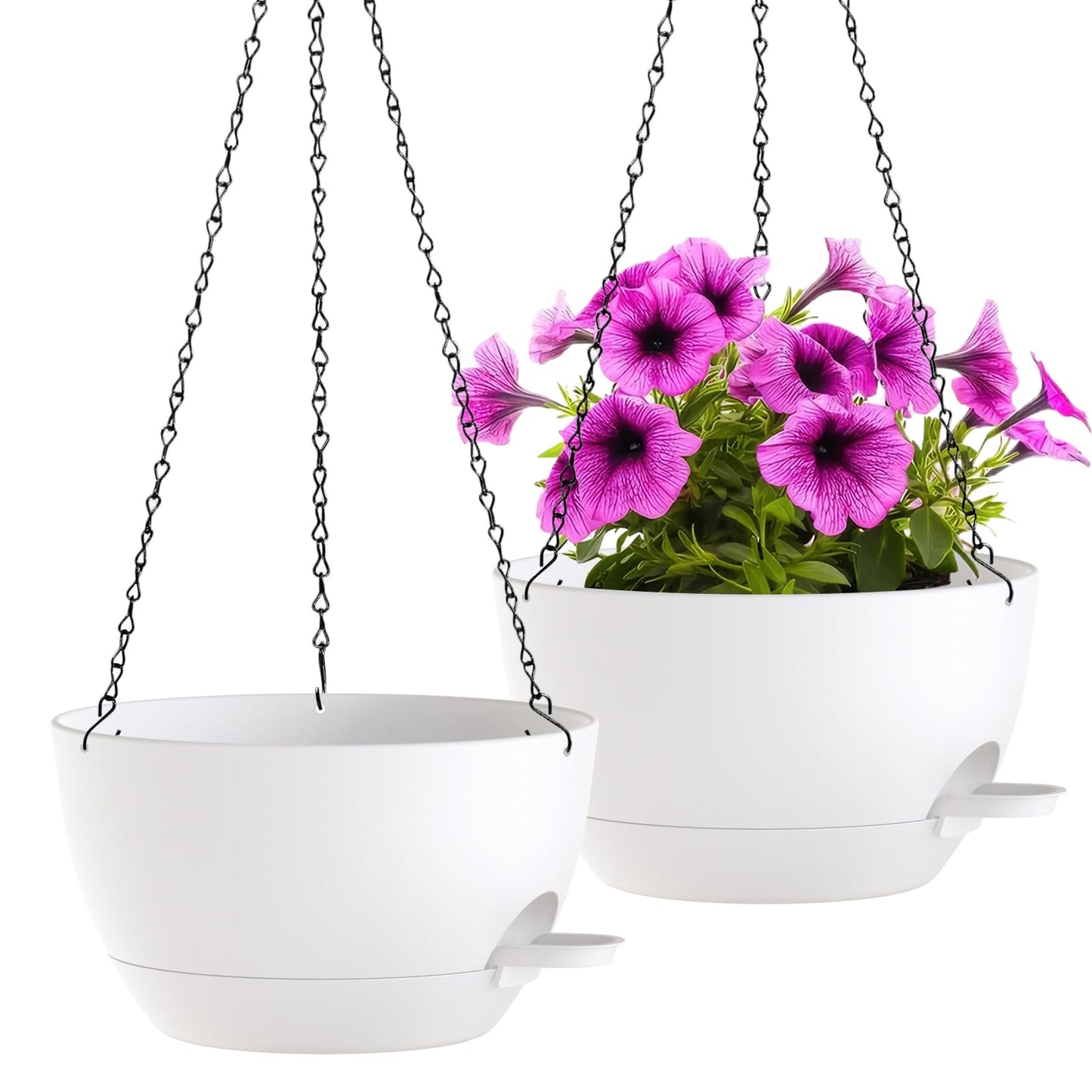 WOUSIWER Self Watering Hanging Planters, 2 Pack 12'' Plastic Pots with Drainage Holes & Reservoir Tray (White) | Indoor & Outdoor Use for Ferns, Ivy, Herbs, Succulents