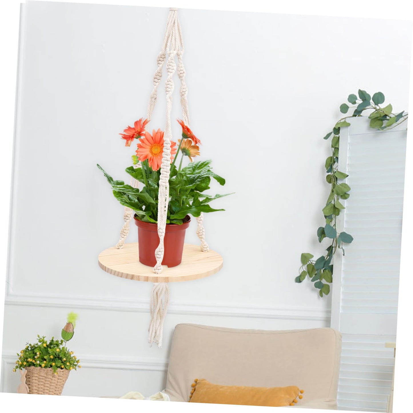 SOLUSTRE Boho Macrame Hanging Shelf Tassels Natural Wood Floating Plant Pot Holder for Indoor Wall Decor 24 Diameter Cotton Rope Design for Flower Pots and Home Decoration