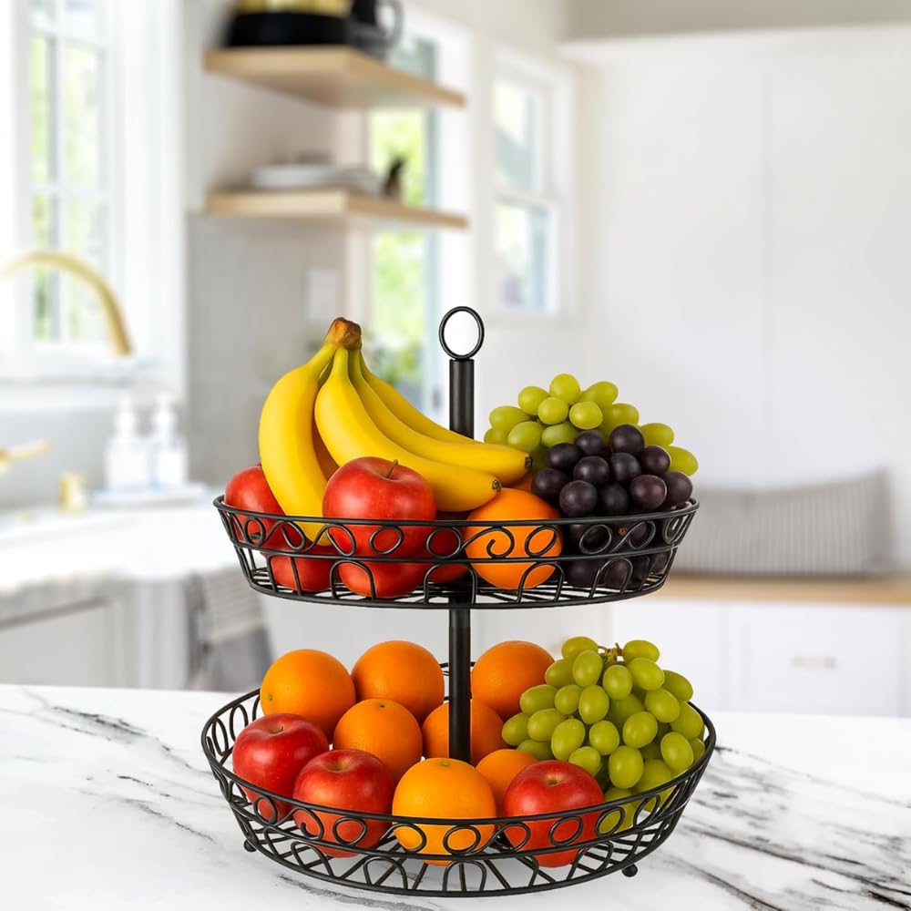 SDZOREN Large 2-Tier Fruit Basket for Kitchen Counter – Easy to Assemble, Antique Black, Stackable Fruit and Vegetable Storage Bowl (2 Layers)