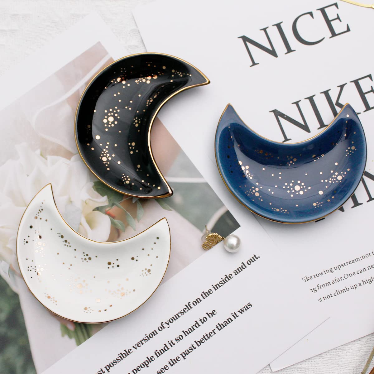 Soddeph Small Moon Ceramic Jewelry Tray, Decorative Trinket Dish, Ring Holder Plate, Modern Accent Tray for Bathroom, Nightstand, Entryway Table, Vanity (1, White)