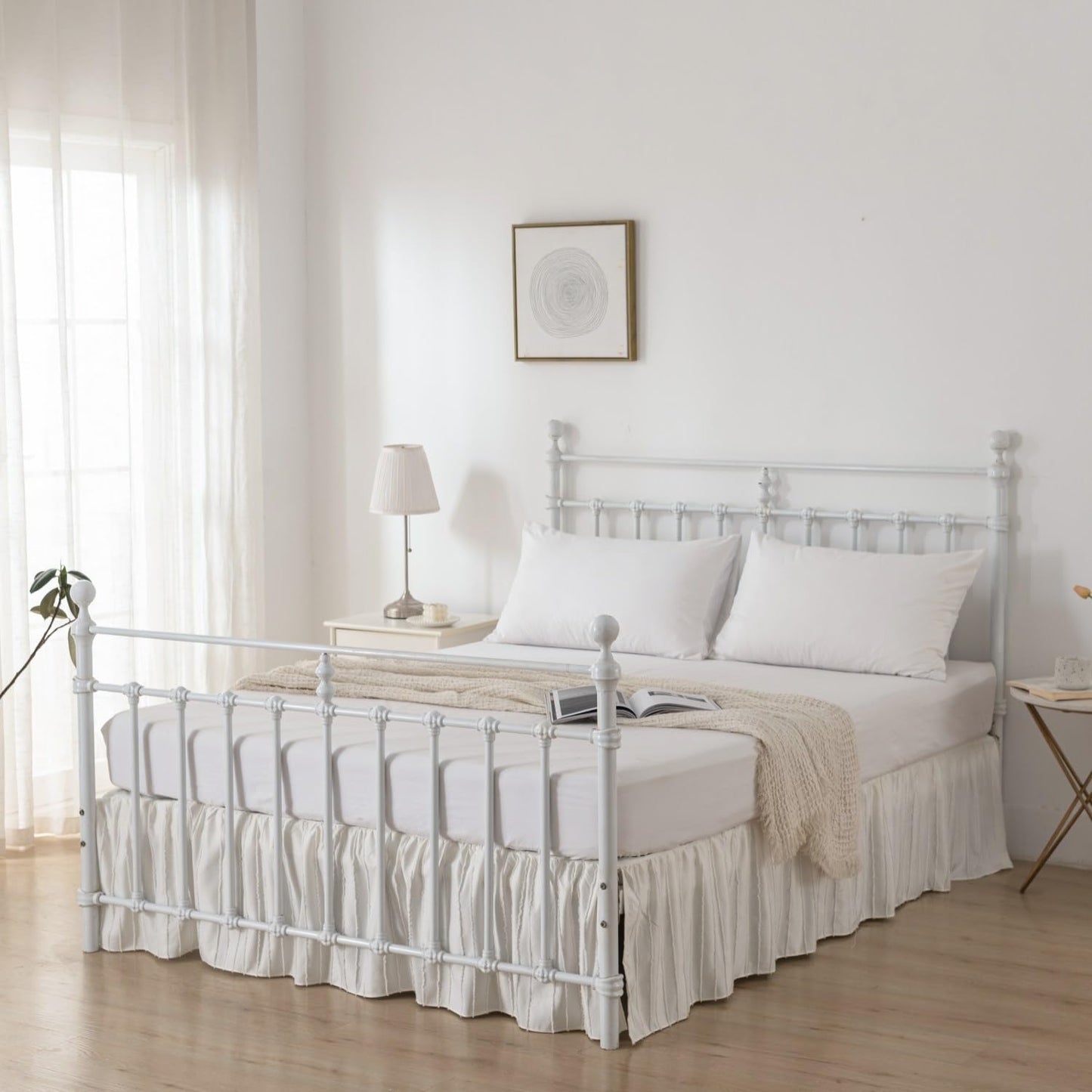 Bed Skirt Queen Size Ruffled Bed Skirts with Split Corners, 14 Inch Drop Dust Ruffle Bed Skirt with Platform, Tufted Boho Bed Skirting Queen Size, Striped, Ivory, 14" Queen