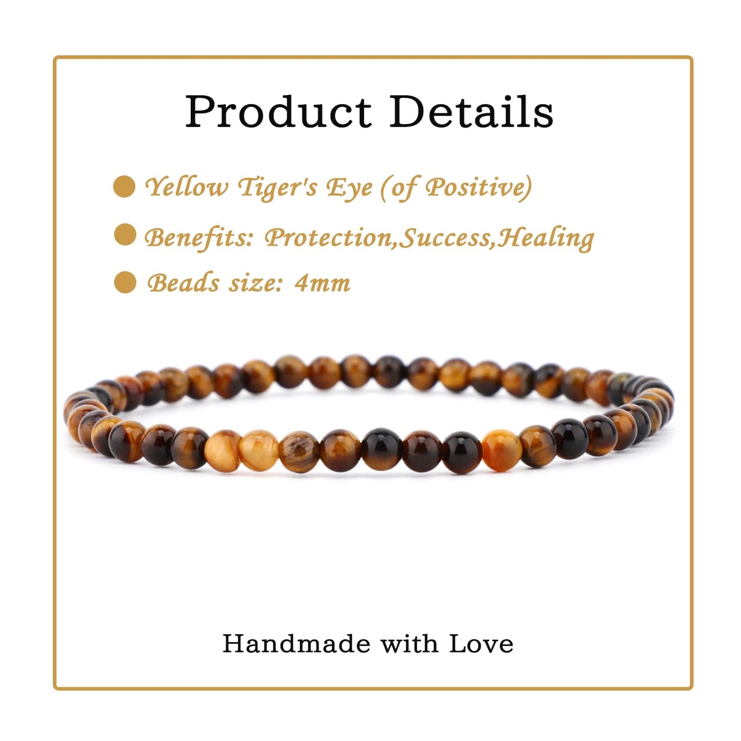 Bymitel 4mm Yellow Tiger's Eye - Handmade Reiki Gemstone Stretch Bracelet, Natural Beauty & Spiritual Essence, Crystal Healing for Unisex Adults