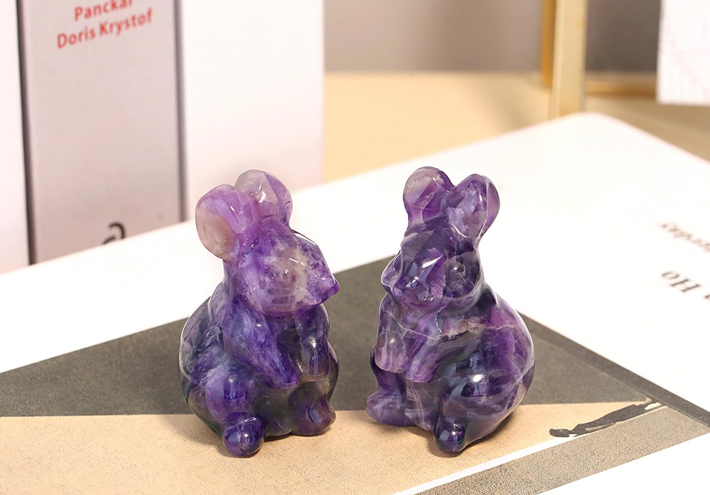 QINJIEJIE 2" Easter Decor Amethyst Bunny Statue Crystals Rabbit Figurine Healing Stones Natural Gemstones Polished Pocket Purple Bunny Decor for Home Spring Easter Gifts for Mom Women