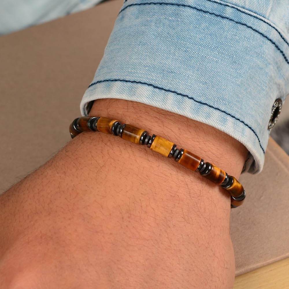 Casvia Men's Tiger's Eye & Hematite Beaded Bracelet, Handmade Adjustable Stainless Steel Chain, Chakra Jewelry Gift for Dad, Husband, Boyfriend