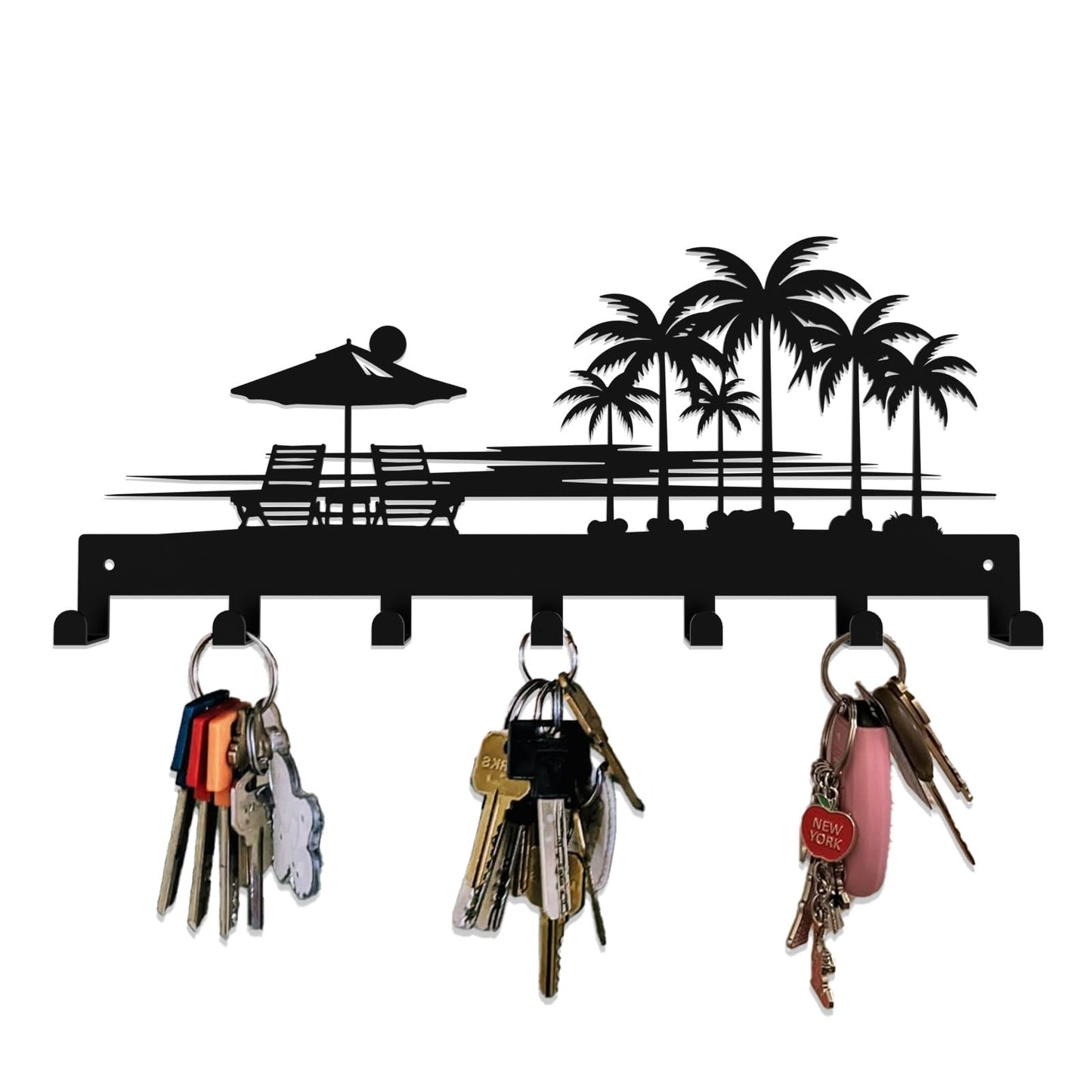 useNumber Tropical Style Key Holder Wall Mount with 7 Hooks, Key Hanger Organizer for Front Door, Hallway, Entryway & Office Decor, Featuring Sunset and Coconut Tree Design